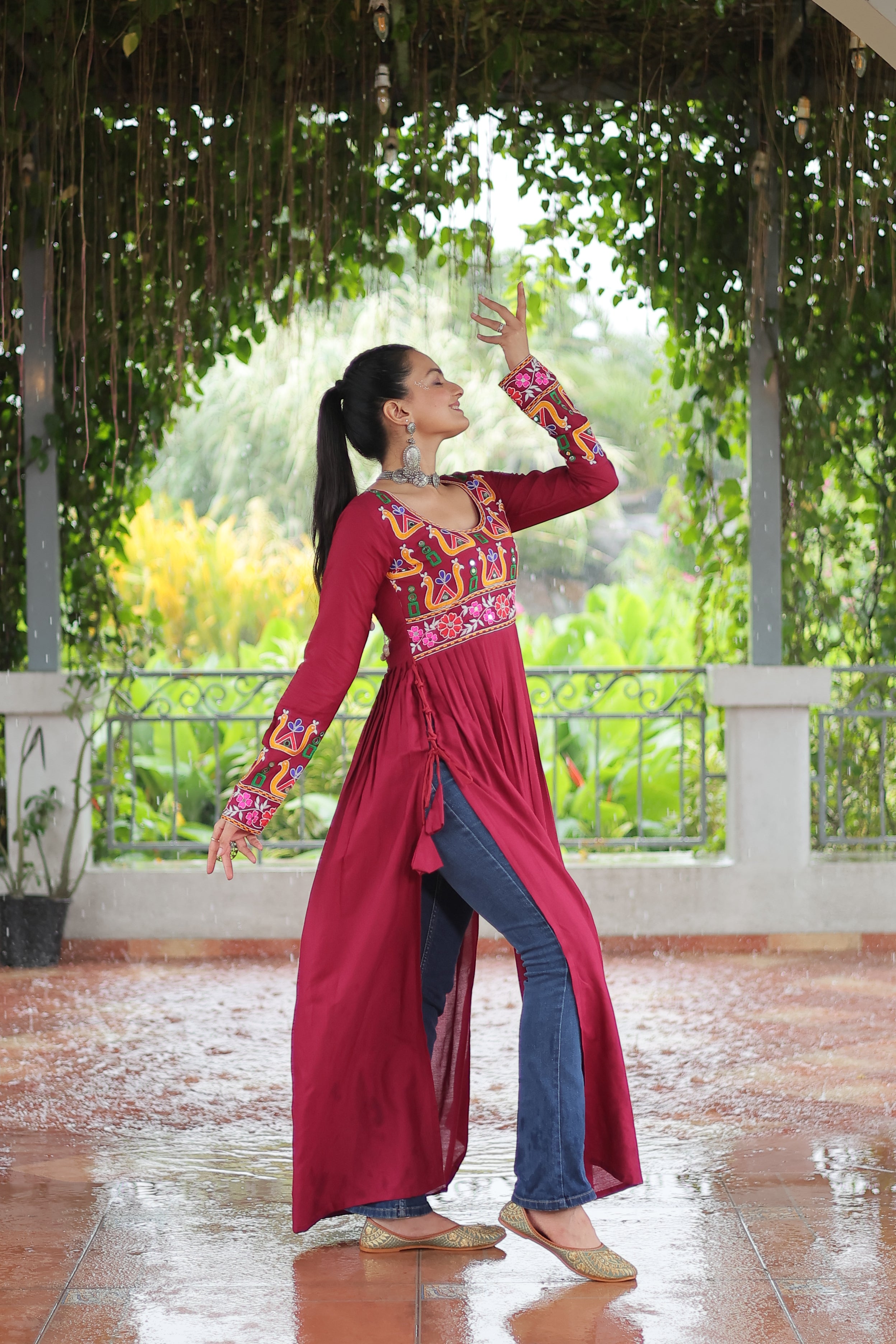Kutchi Embroidered Anarkali Dress with Peacock & Floral Motifs