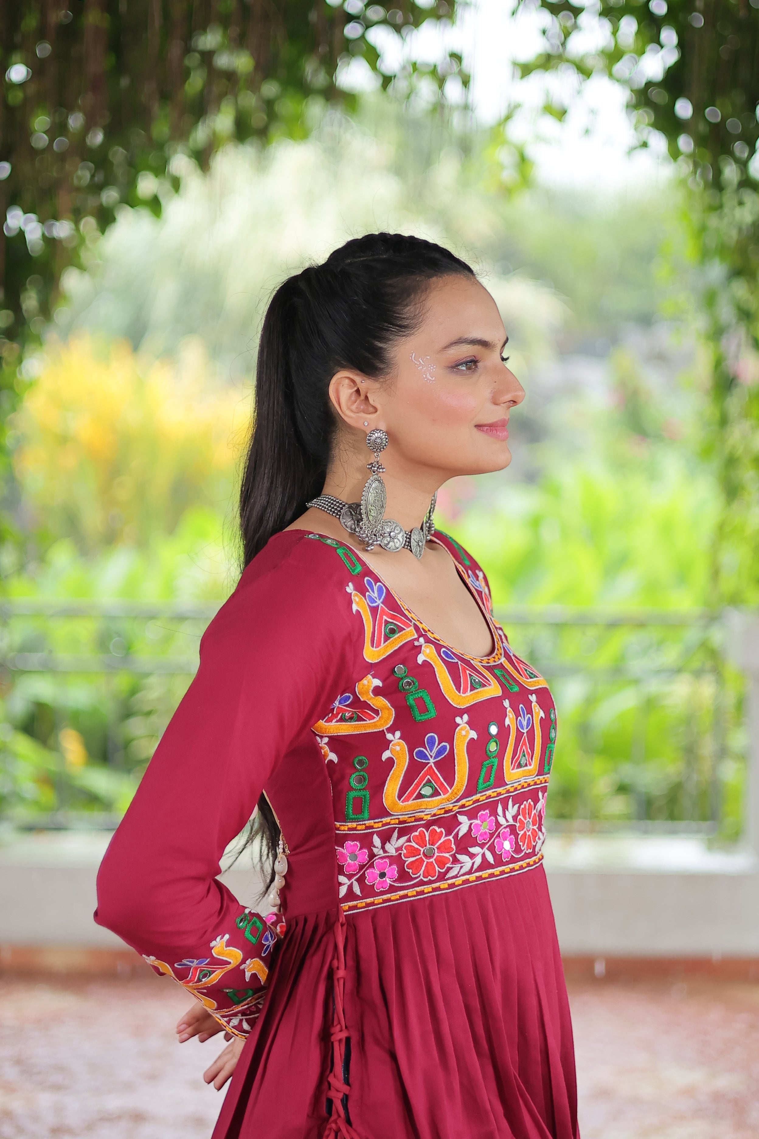 Kutchi Embroidered Anarkali Dress with Peacock & Floral Motifs