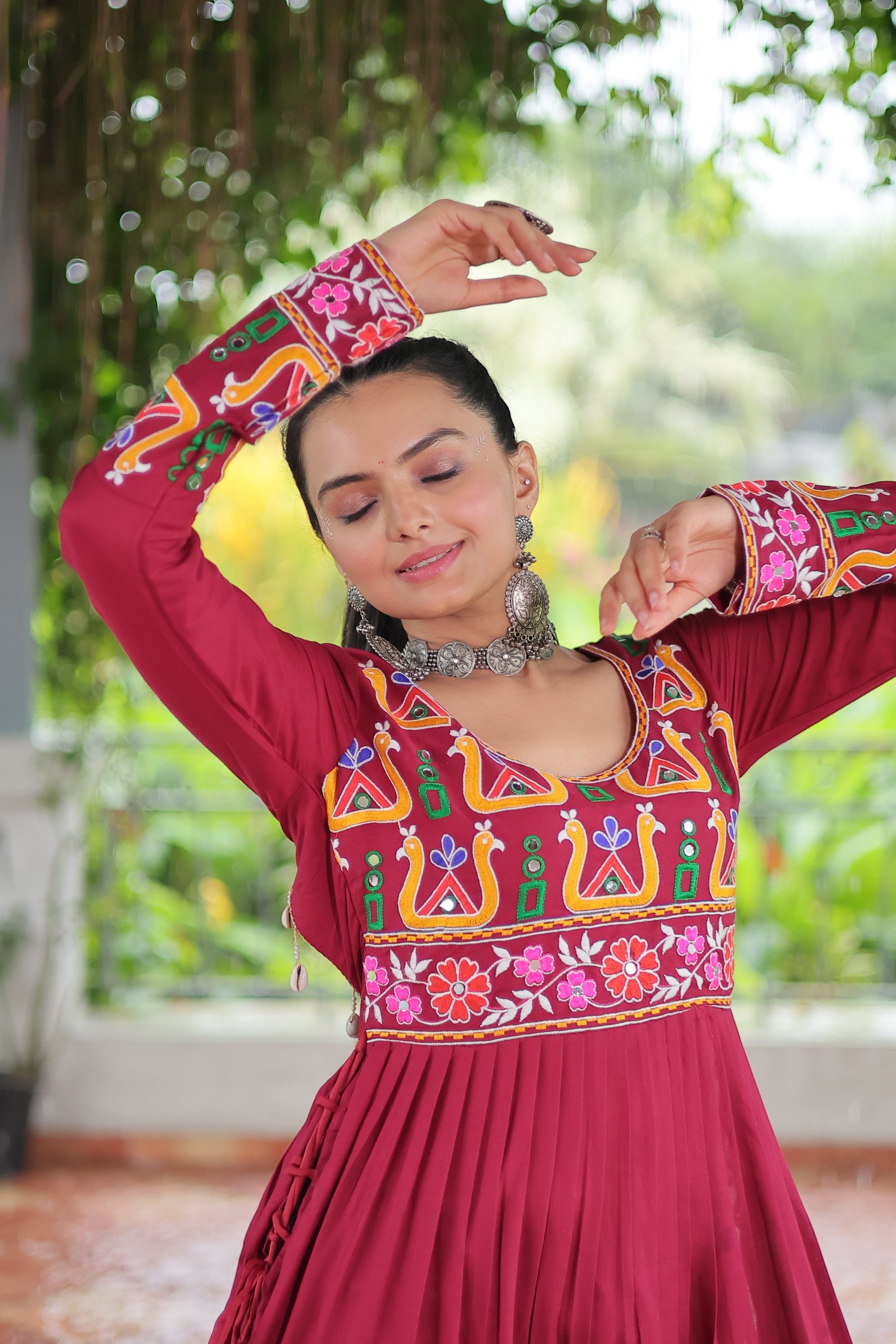 Kutchi Embroidered Anarkali Dress with Peacock & Floral Motifs