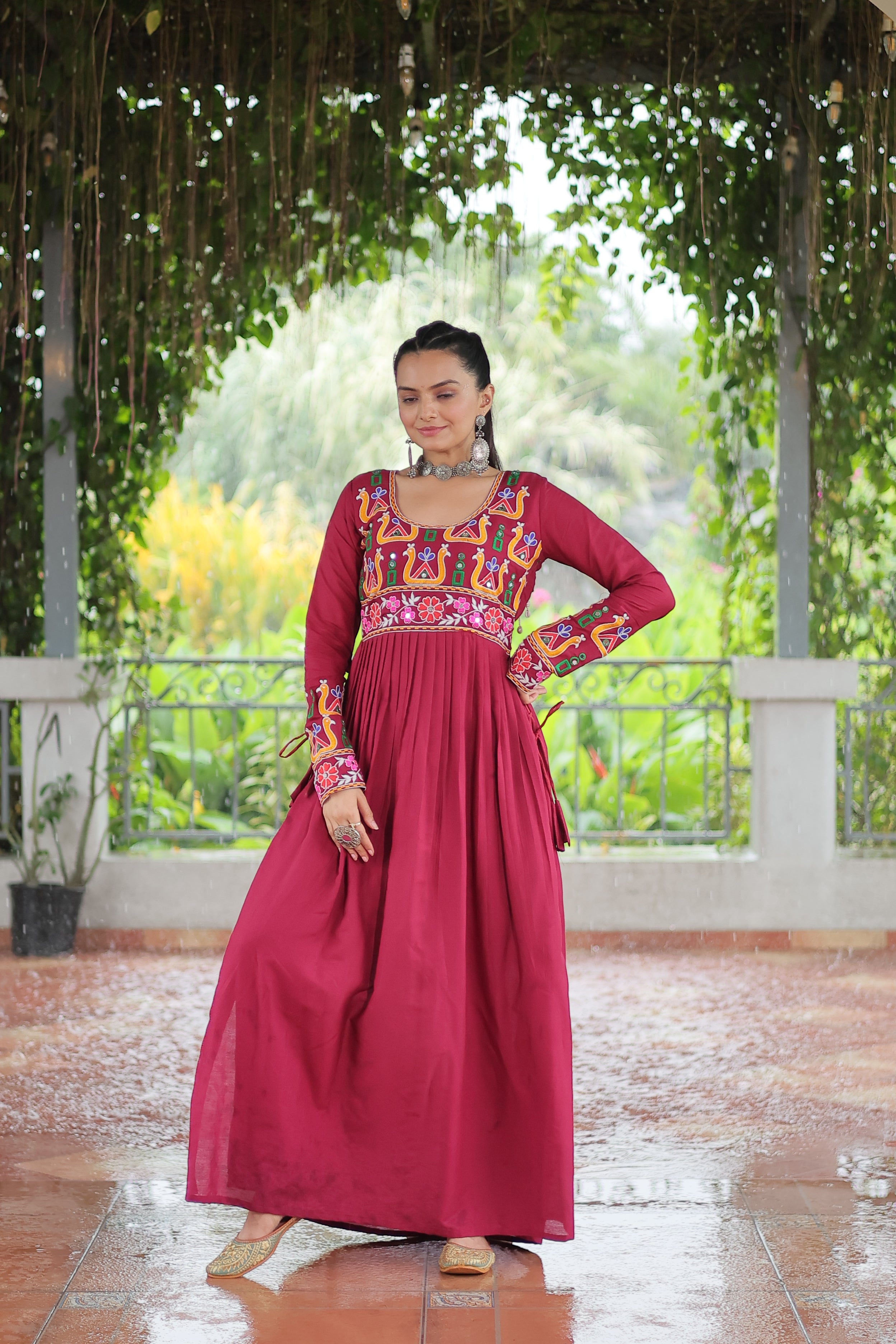 Kutchi Embroidered Anarkali Dress with Peacock & Floral Motifs