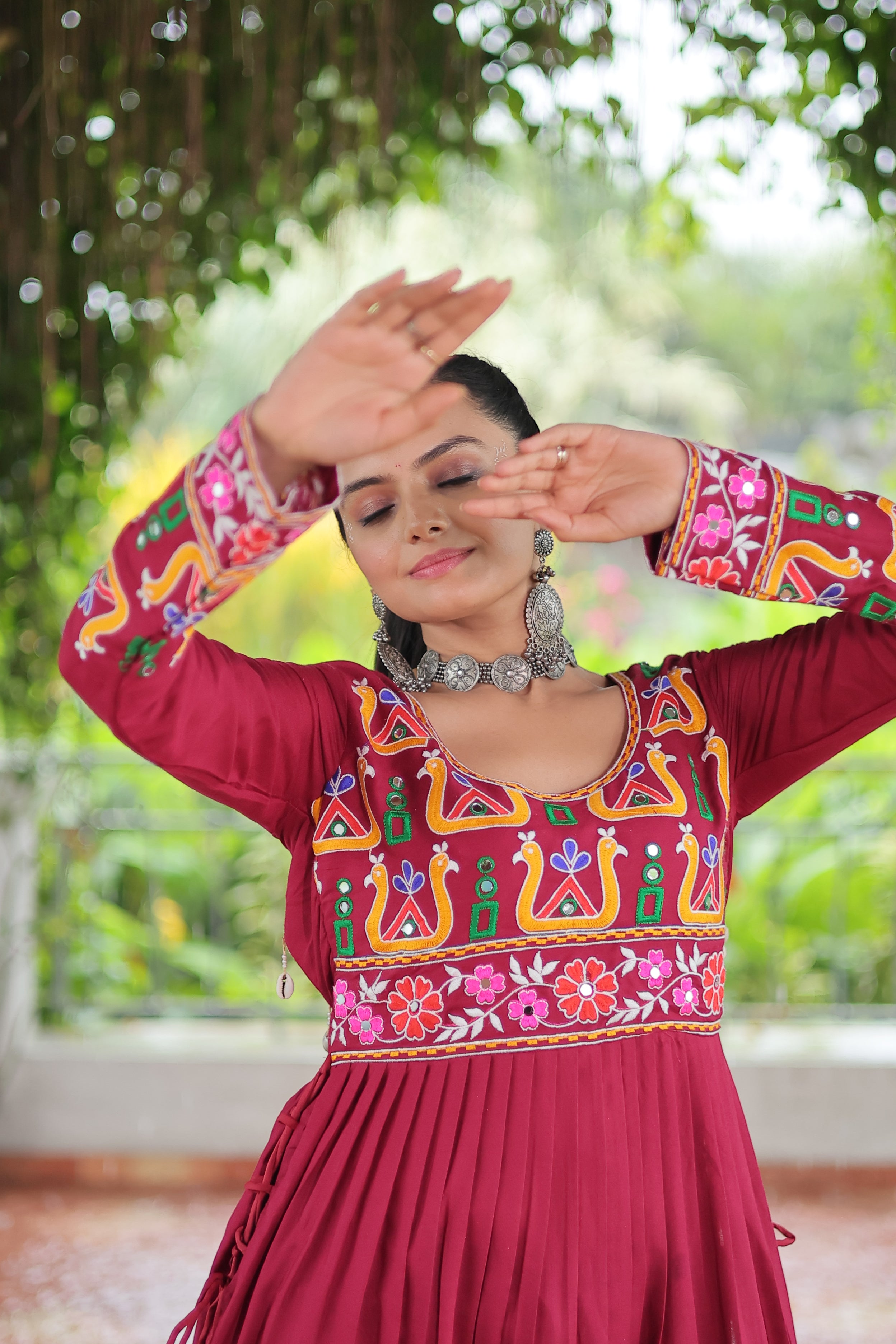 Kutchi Embroidered Anarkali Dress with Peacock & Floral Motifs