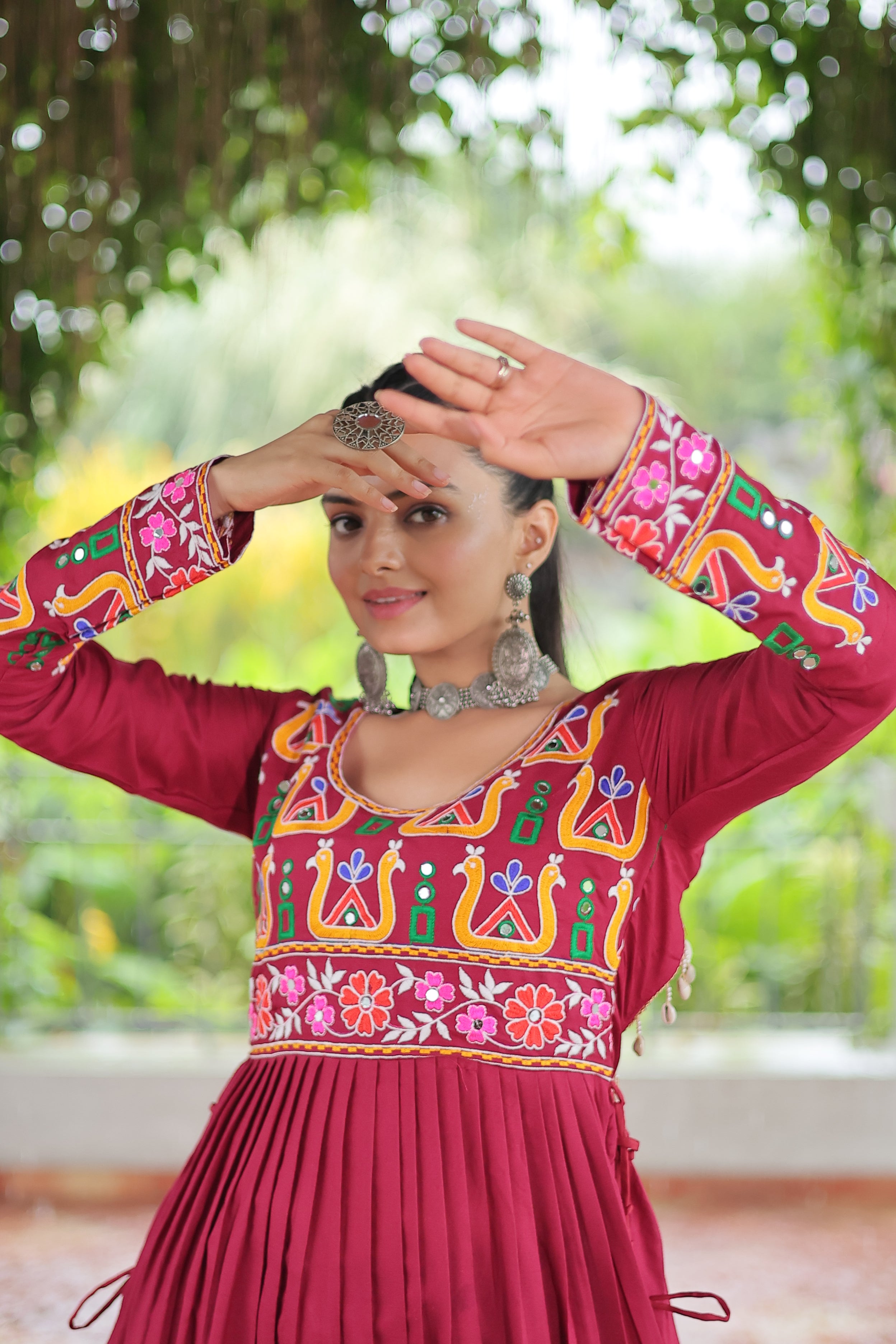 Kutchi Embroidered Anarkali Dress with Peacock & Floral Motifs