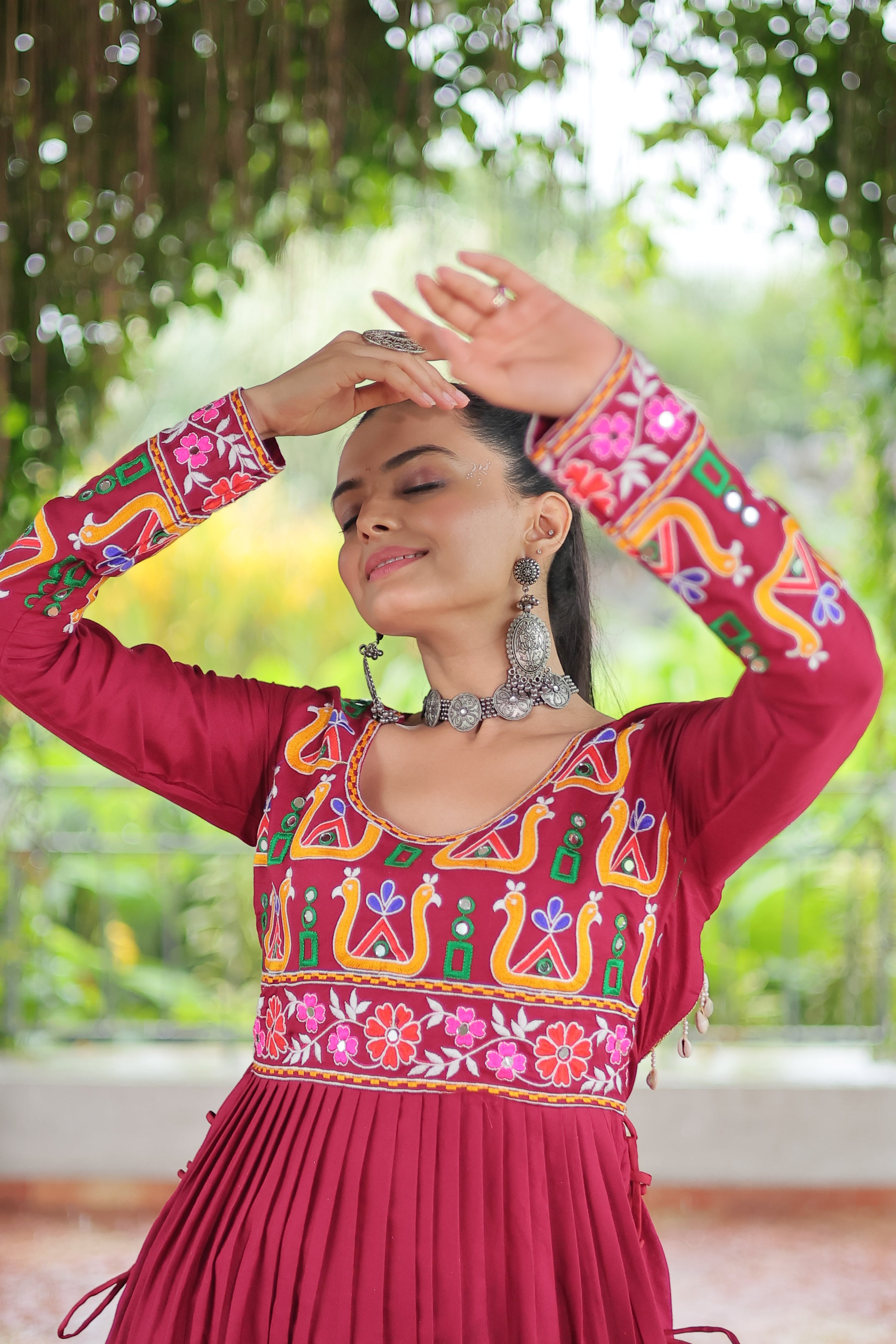 Kutchi Embroidered Anarkali Dress with Peacock & Floral Motifs