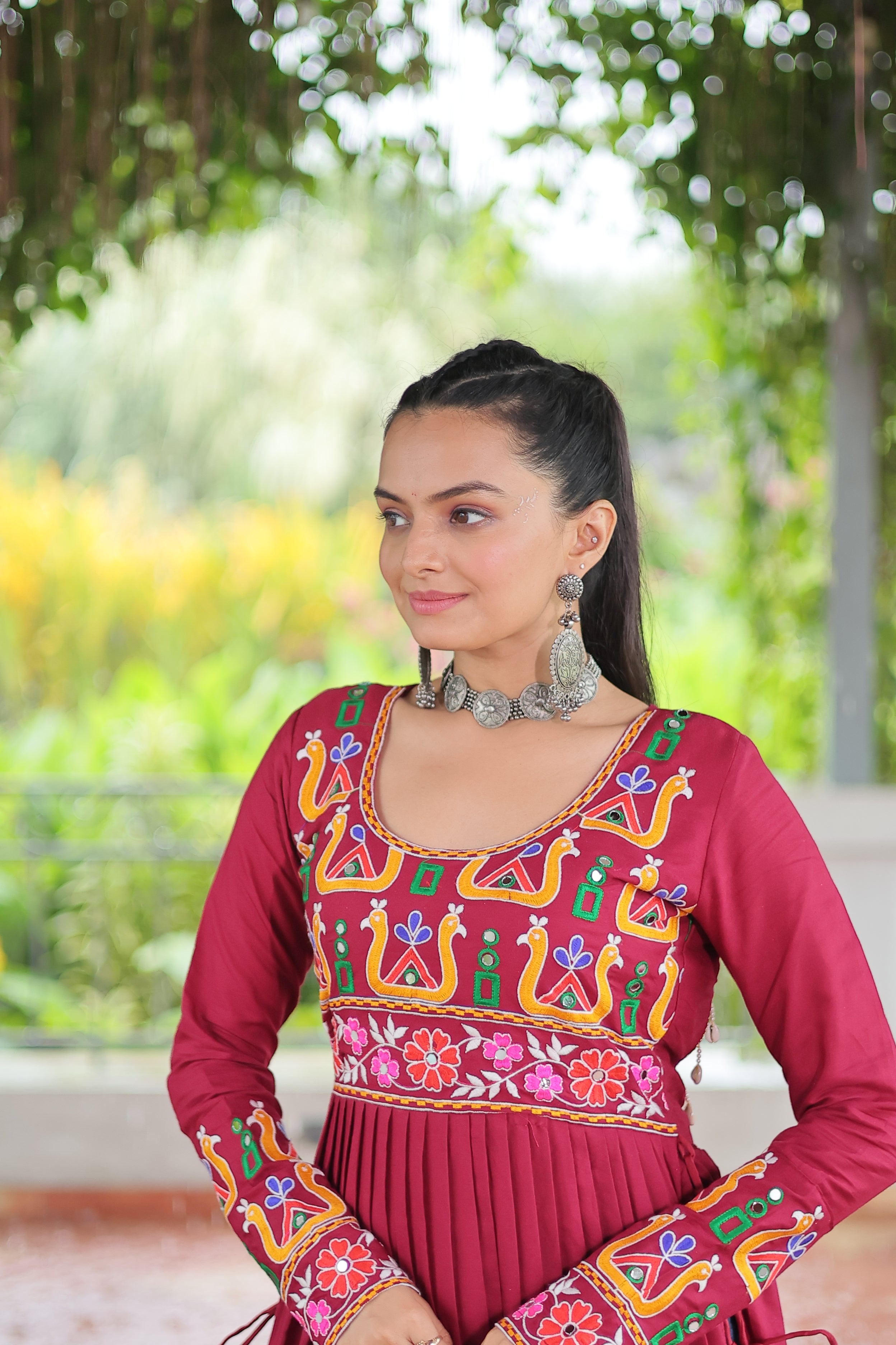 Kutchi Embroidered Anarkali Dress with Peacock & Floral Motifs