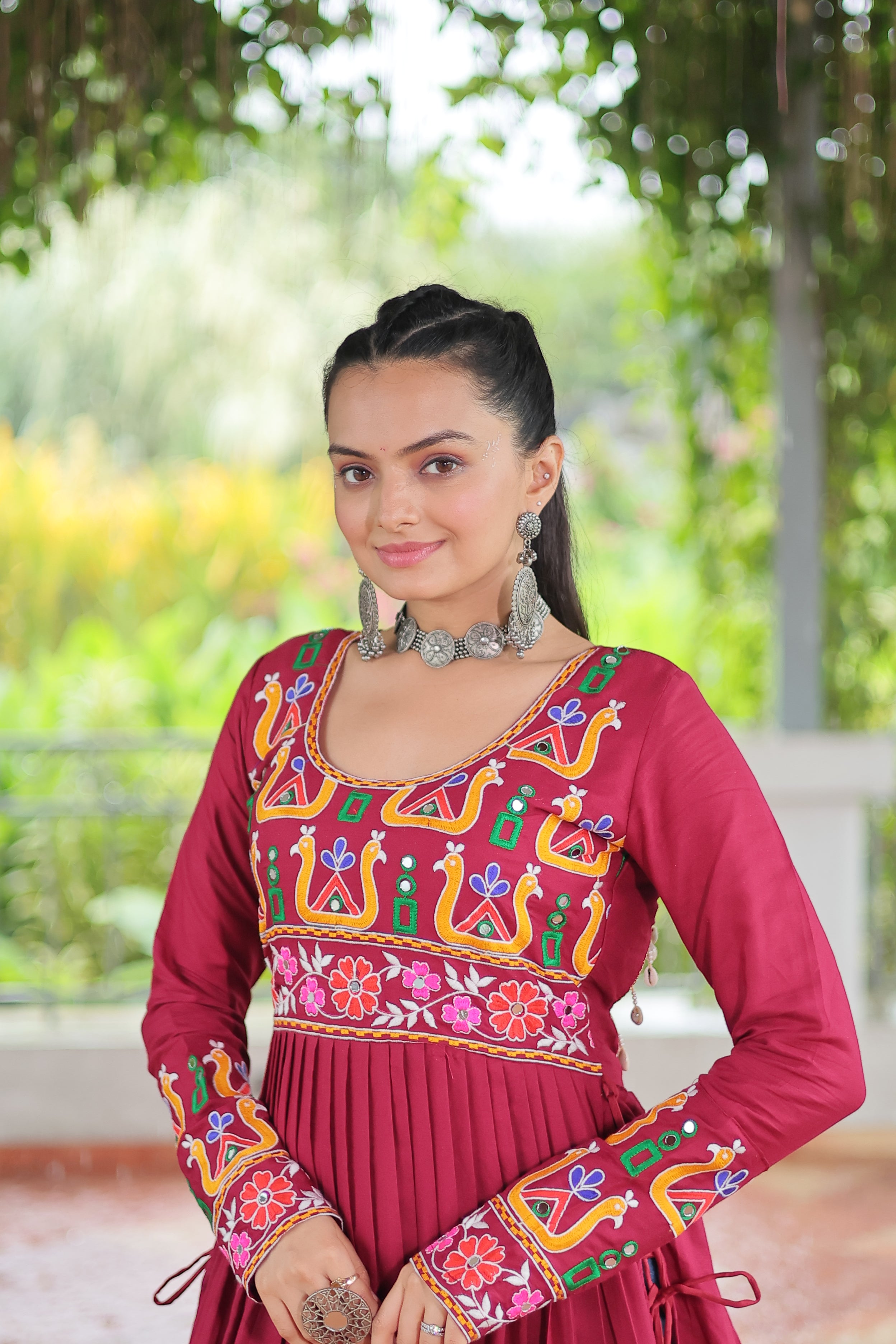 Kutchi Embroidered Anarkali Dress with Peacock & Floral Motifs