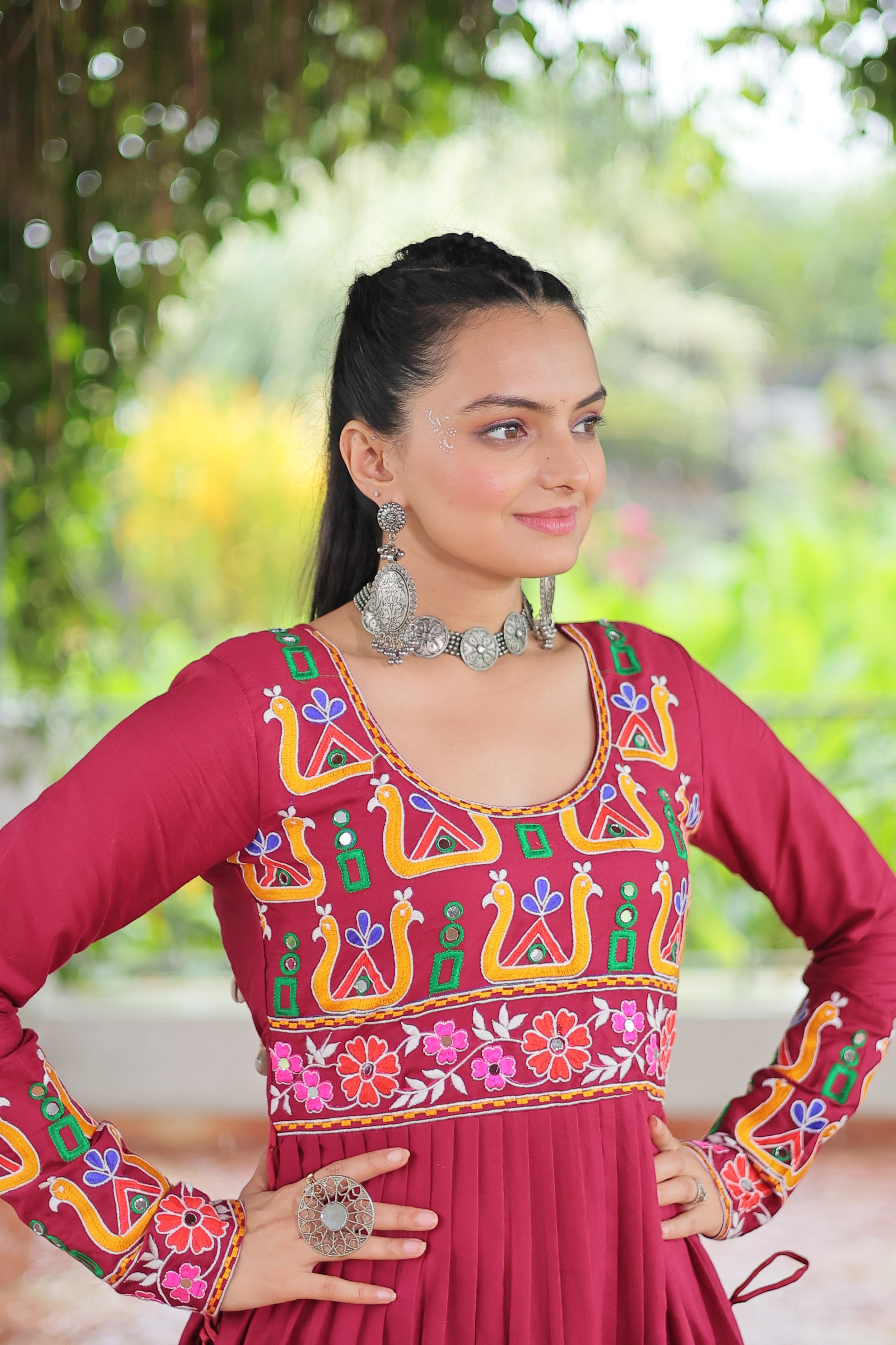 Kutchi Embroidered Anarkali Dress with Peacock & Floral Motifs
