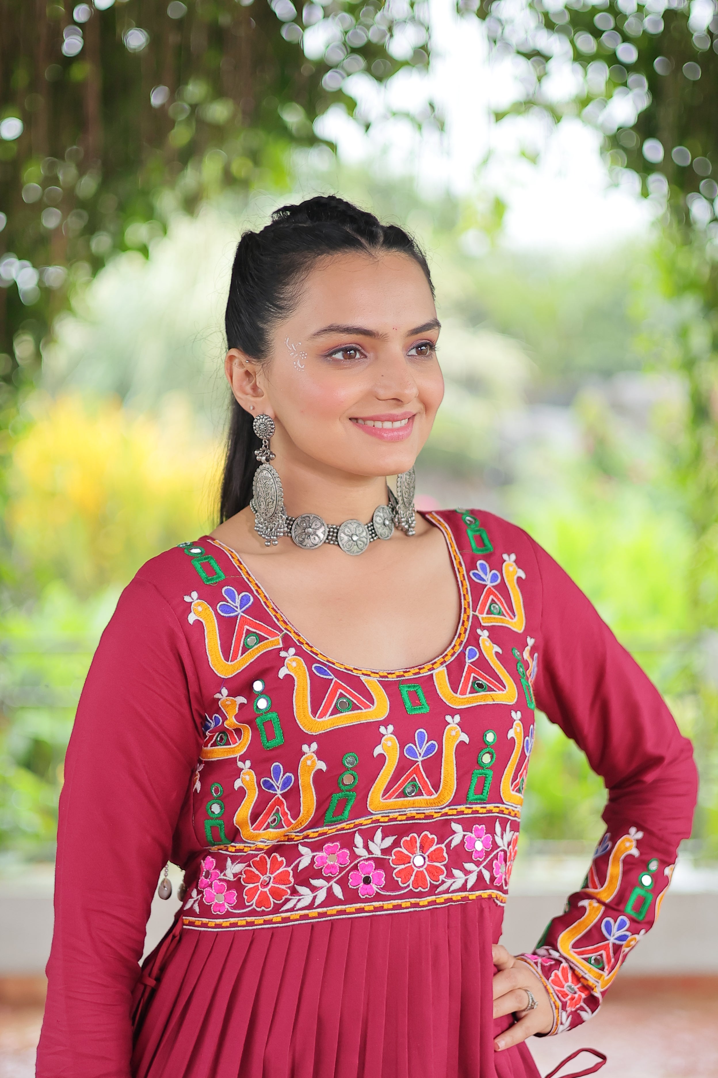 Kutchi Embroidered Anarkali Dress with Peacock & Floral Motifs