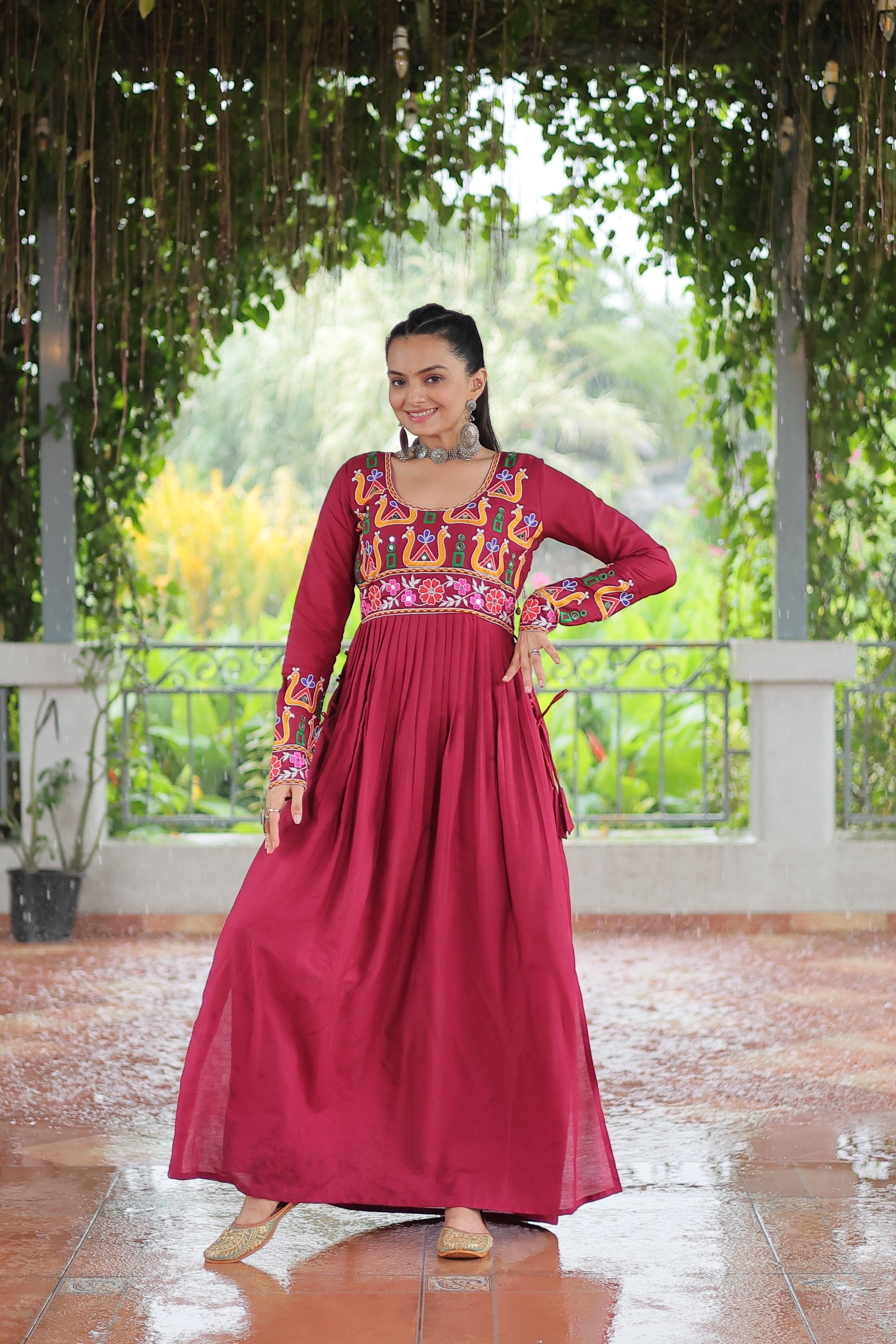 Kutchi Embroidered Anarkali Dress with Peacock & Floral Motifs