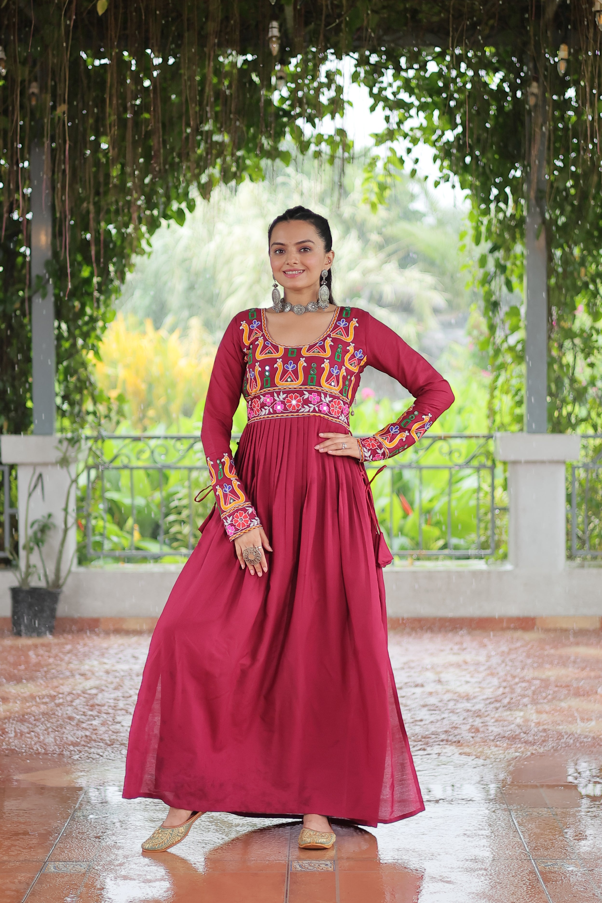 Kutchi Embroidered Anarkali Dress with Peacock & Floral Motifs