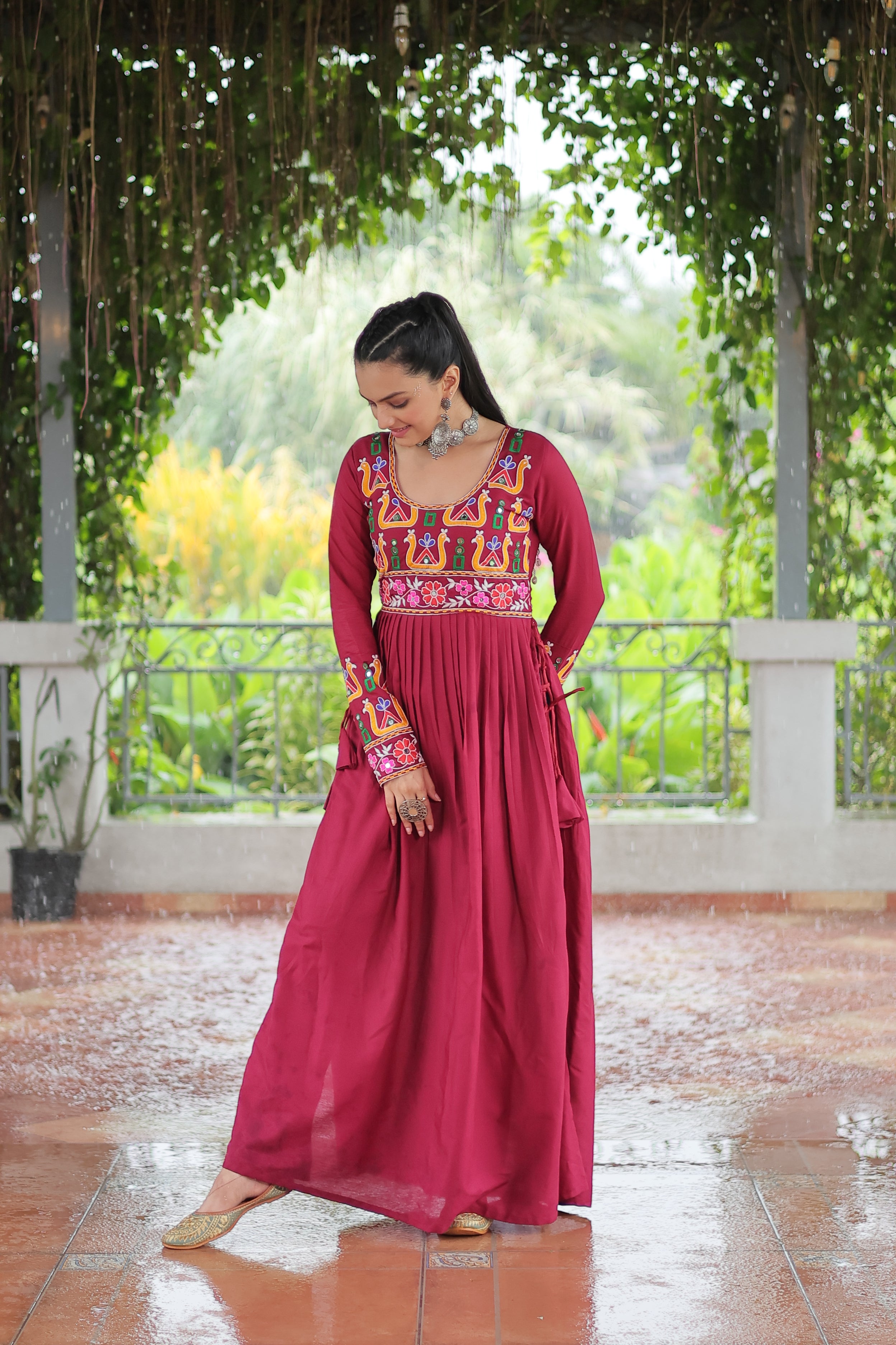 Kutchi Embroidered Anarkali Dress with Peacock & Floral Motifs