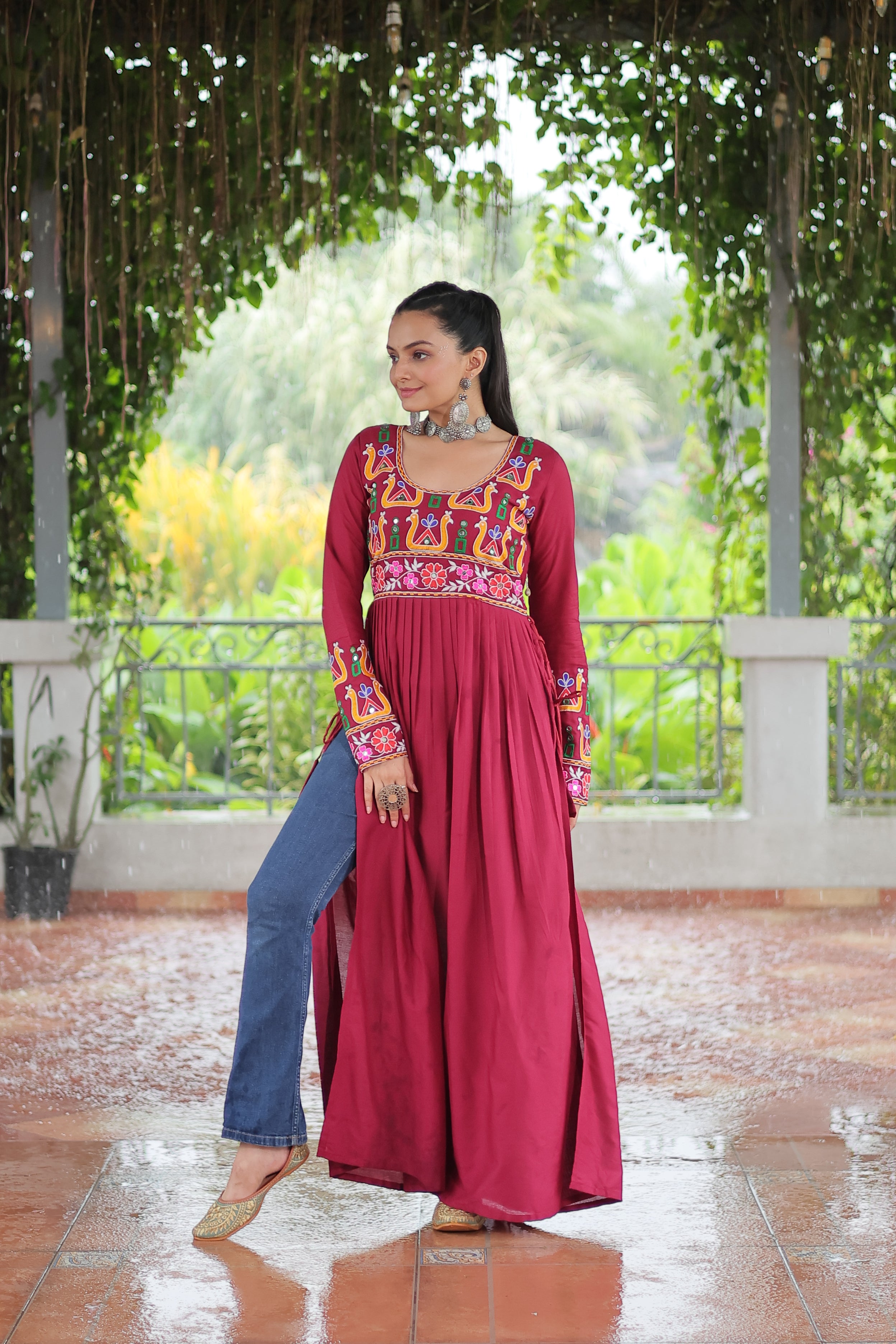 Kutchi Embroidered Anarkali Dress with Peacock & Floral Motifs