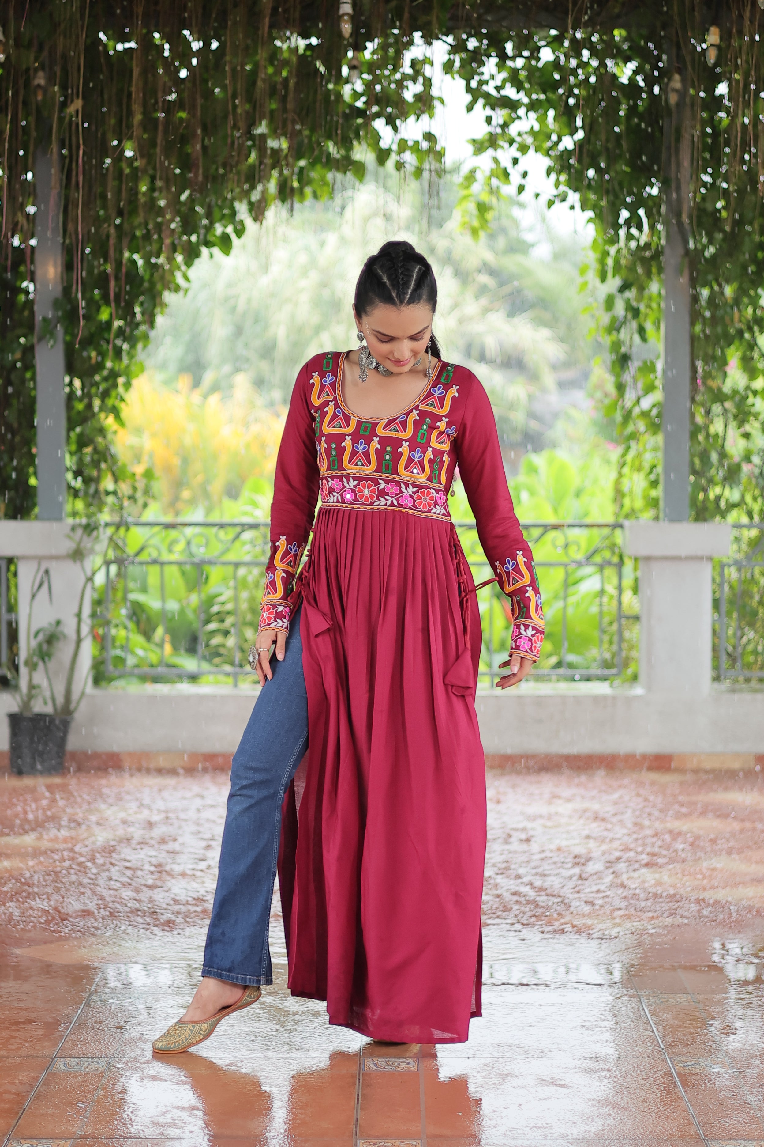 Kutchi Embroidered Anarkali Dress with Peacock & Floral Motifs