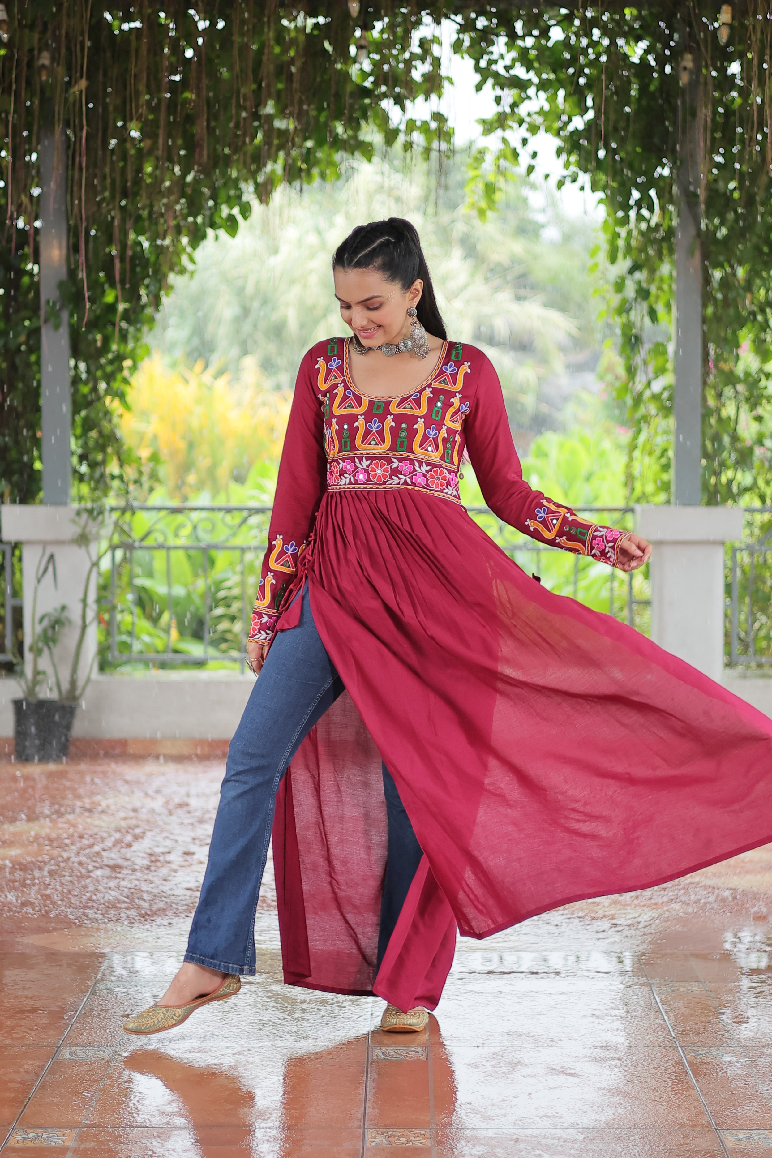 Kutchi Embroidered Anarkali Dress with Peacock & Floral Motifs