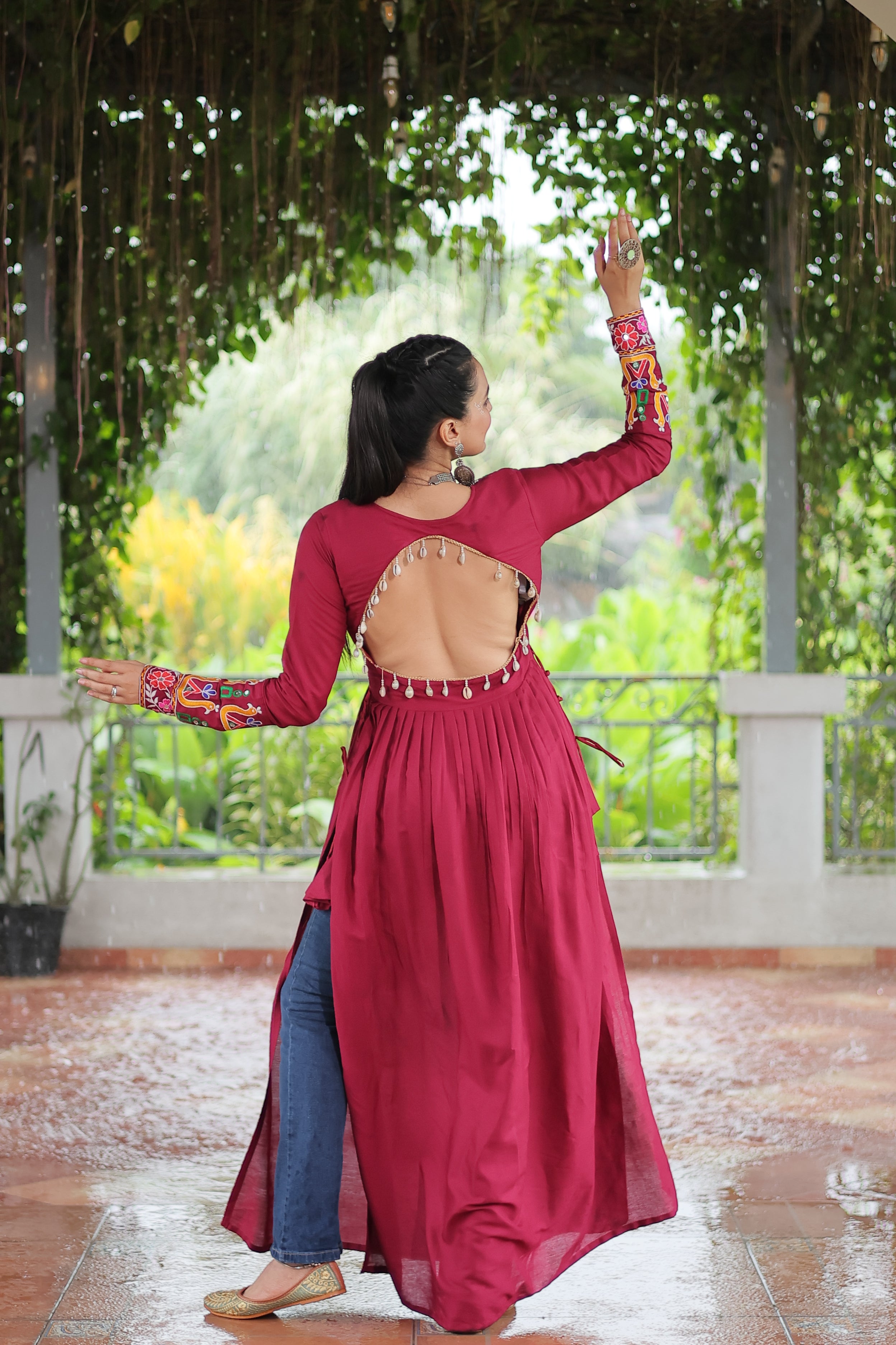 Kutchi Embroidered Anarkali Dress with Peacock & Floral Motifs
