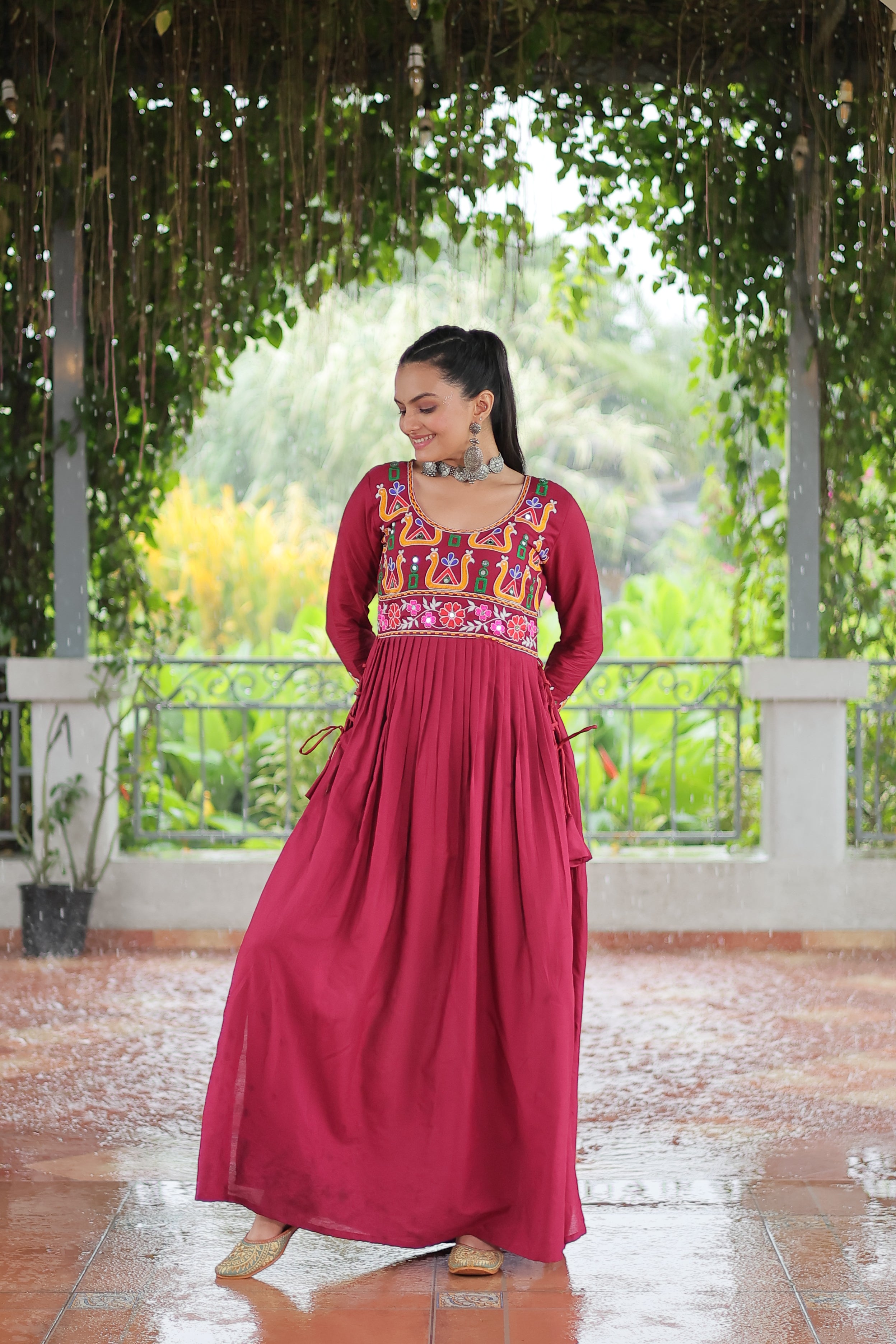 Kutchi Embroidered Anarkali Dress with Peacock & Floral Motifs
