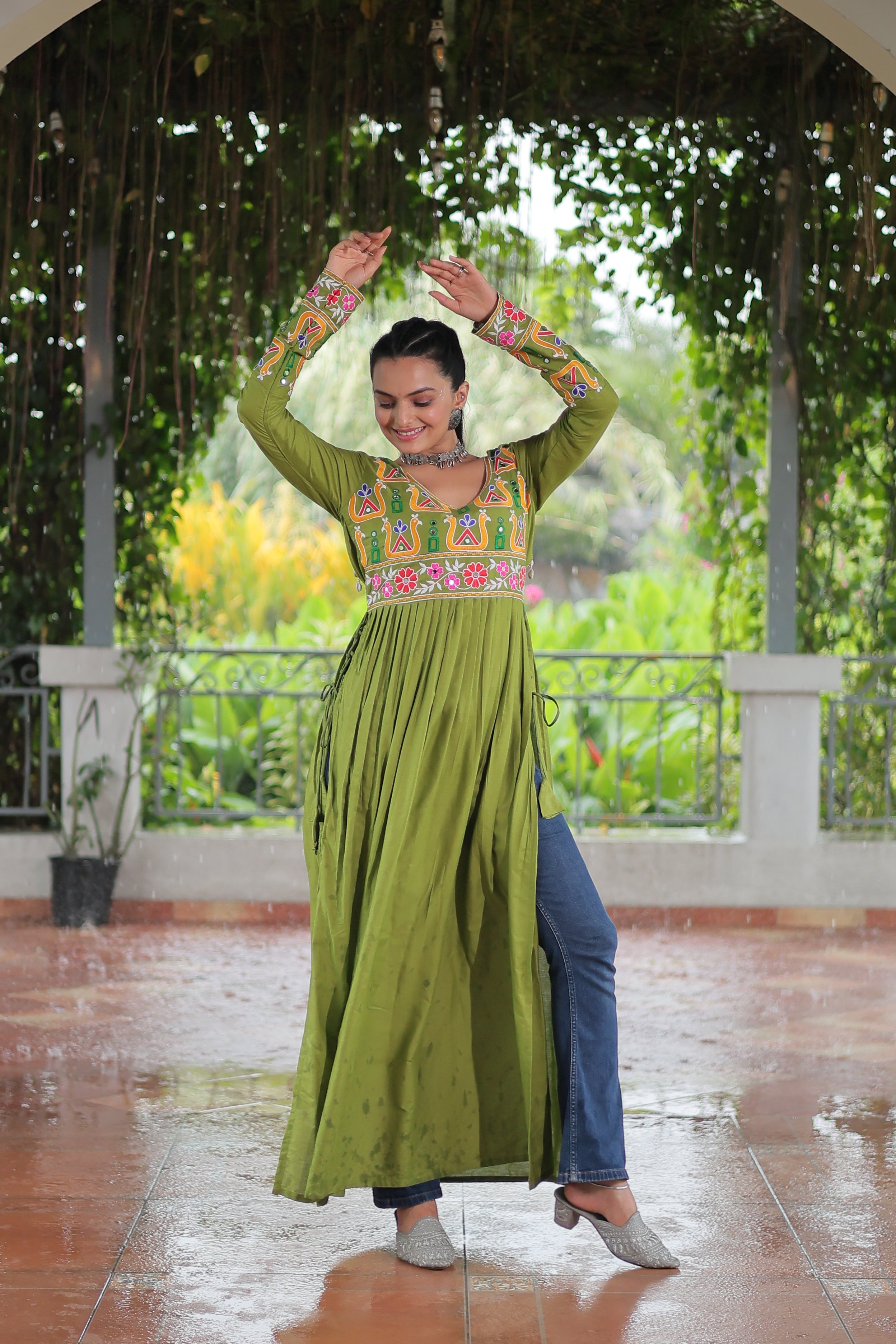 Kutchi Embroidered Anarkali Dress with Peacock & Floral Motifs