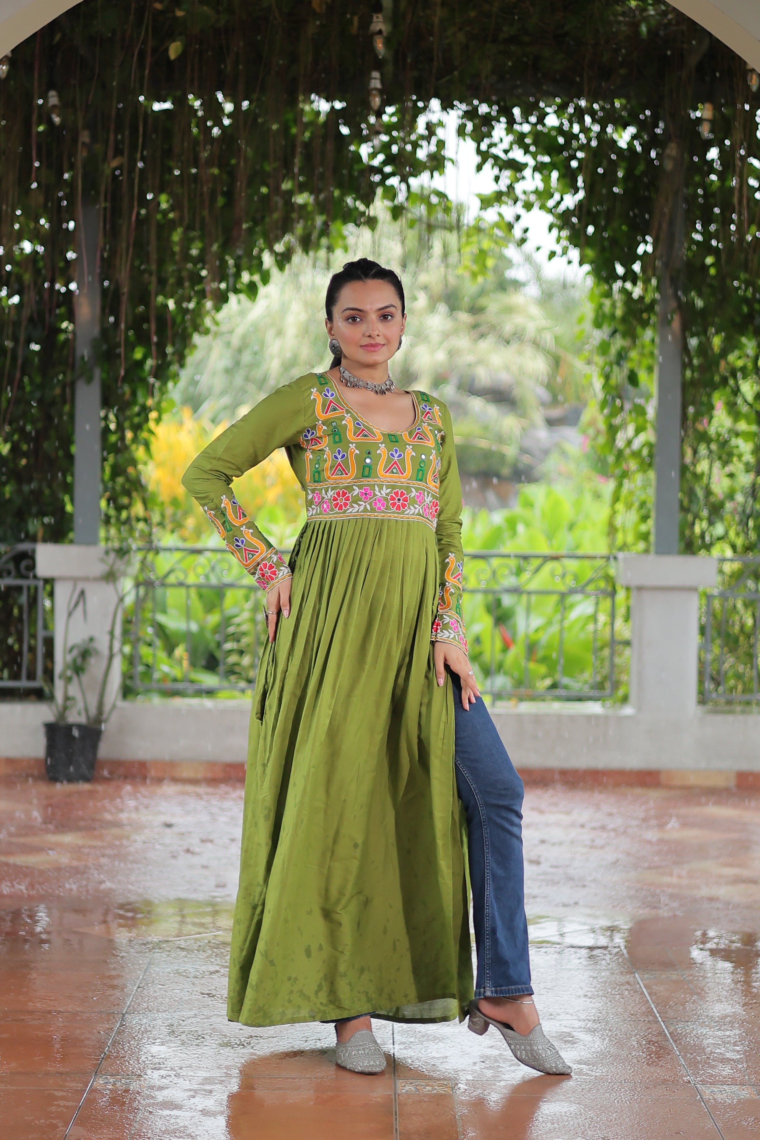 Kutchi Embroidered Anarkali Dress with Peacock & Floral Motifs