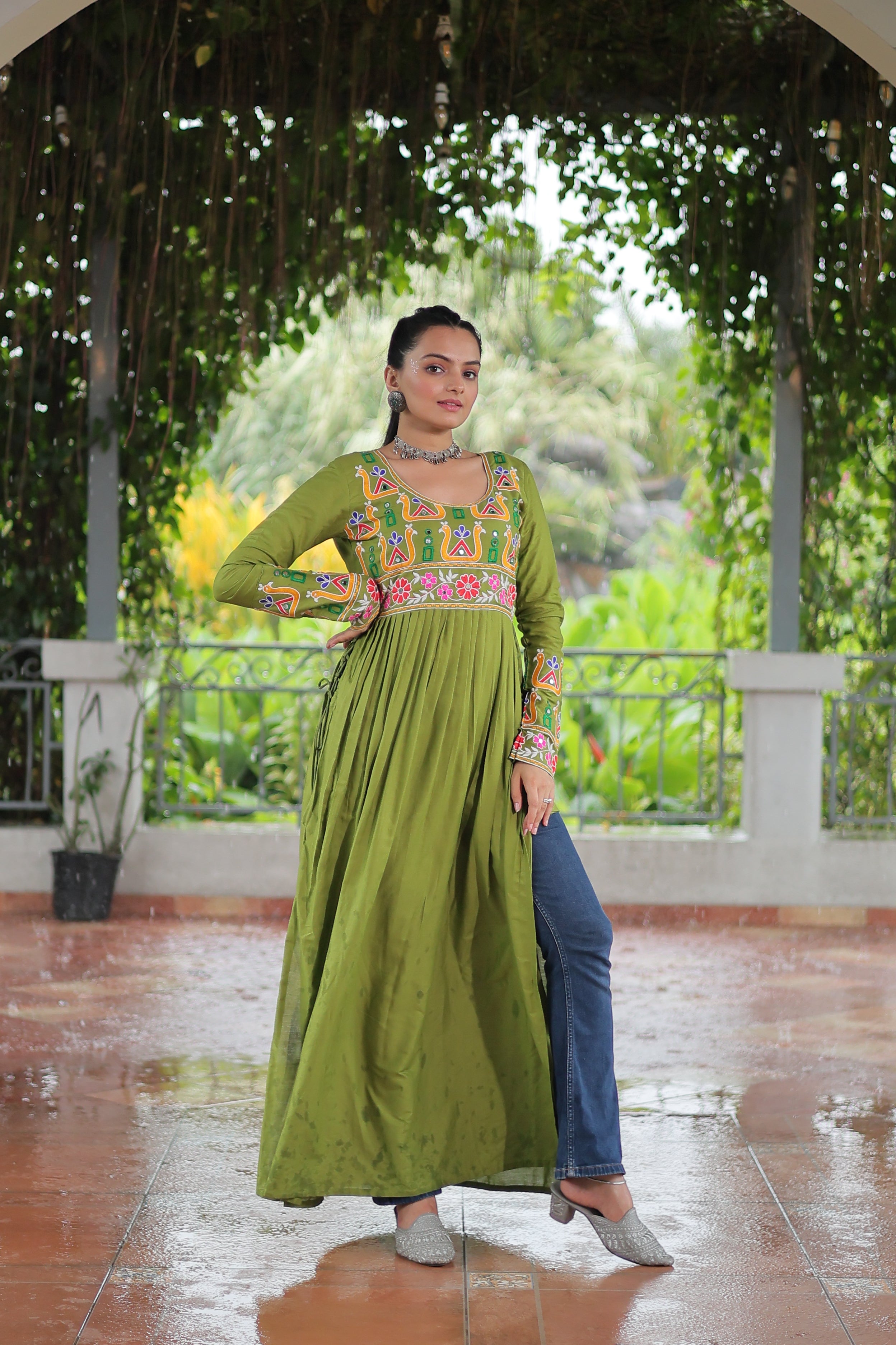 Kutchi Embroidered Anarkali Dress with Peacock & Floral Motifs