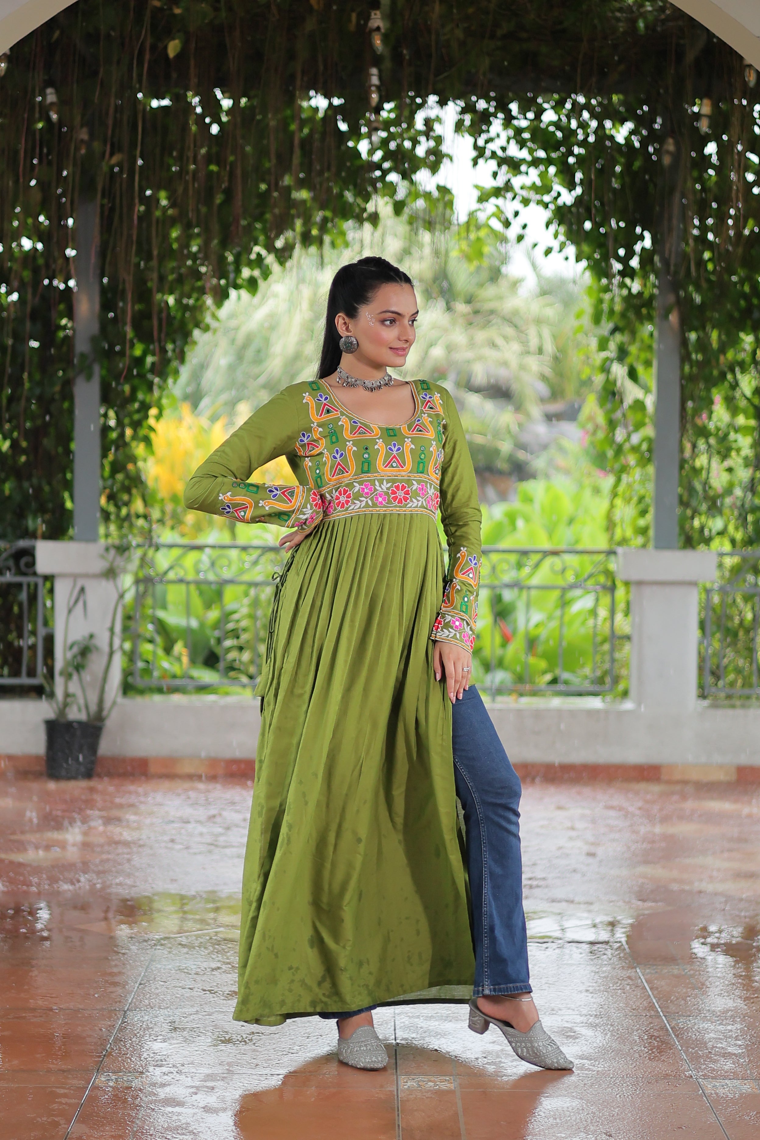 Kutchi Embroidered Anarkali Dress with Peacock & Floral Motifs