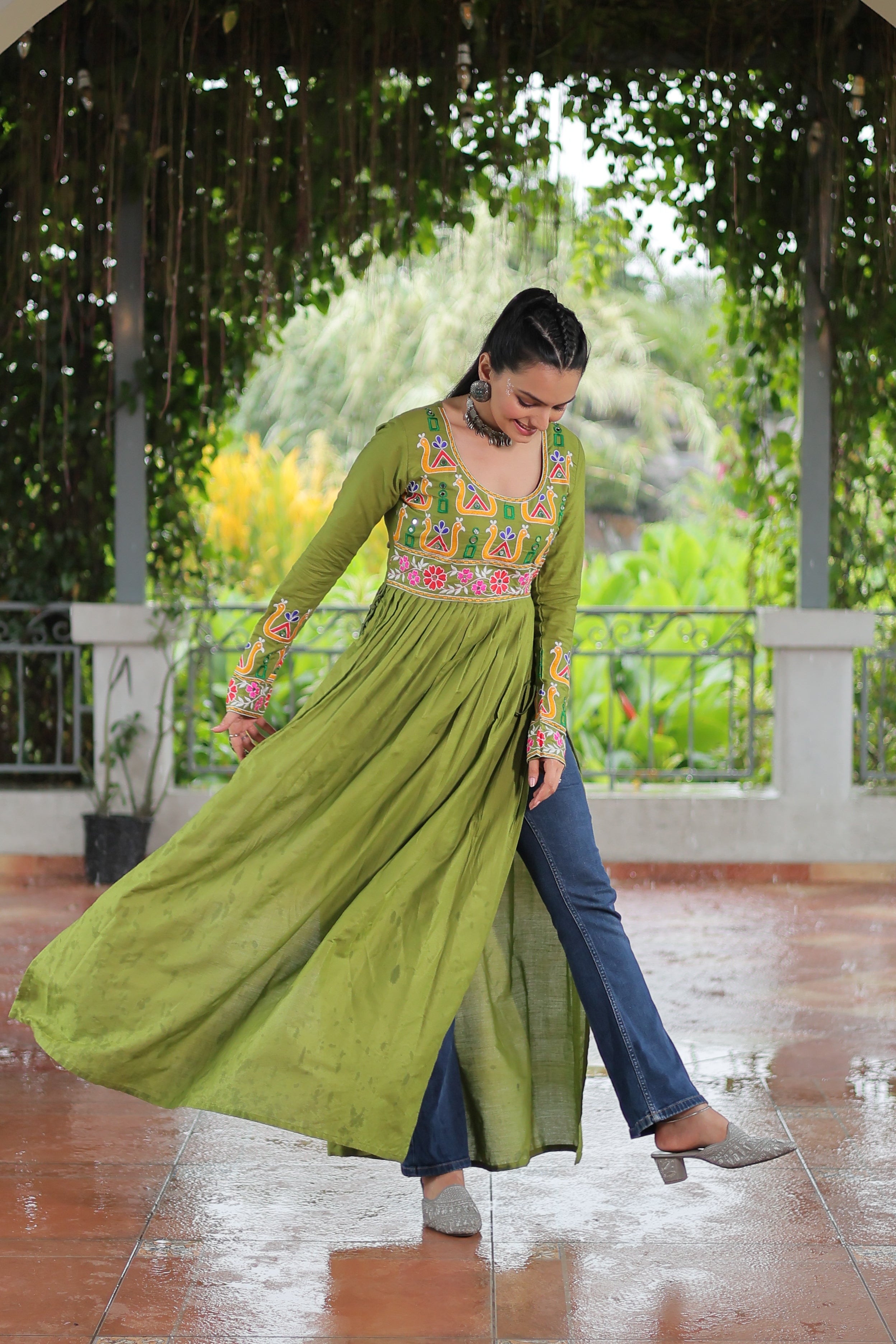 Kutchi Embroidered Anarkali Dress with Peacock & Floral Motifs