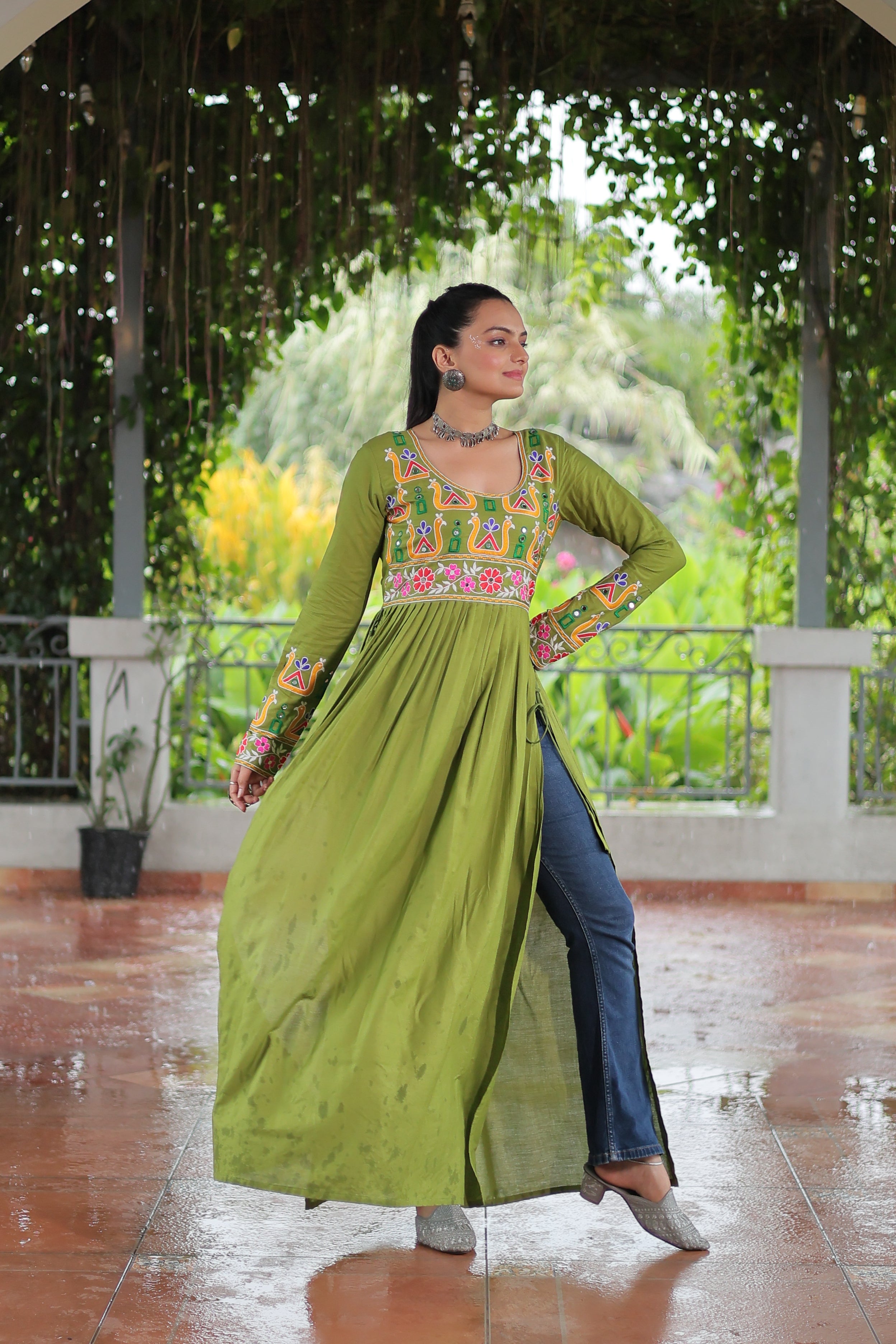 Kutchi Embroidered Anarkali Dress with Peacock & Floral Motifs