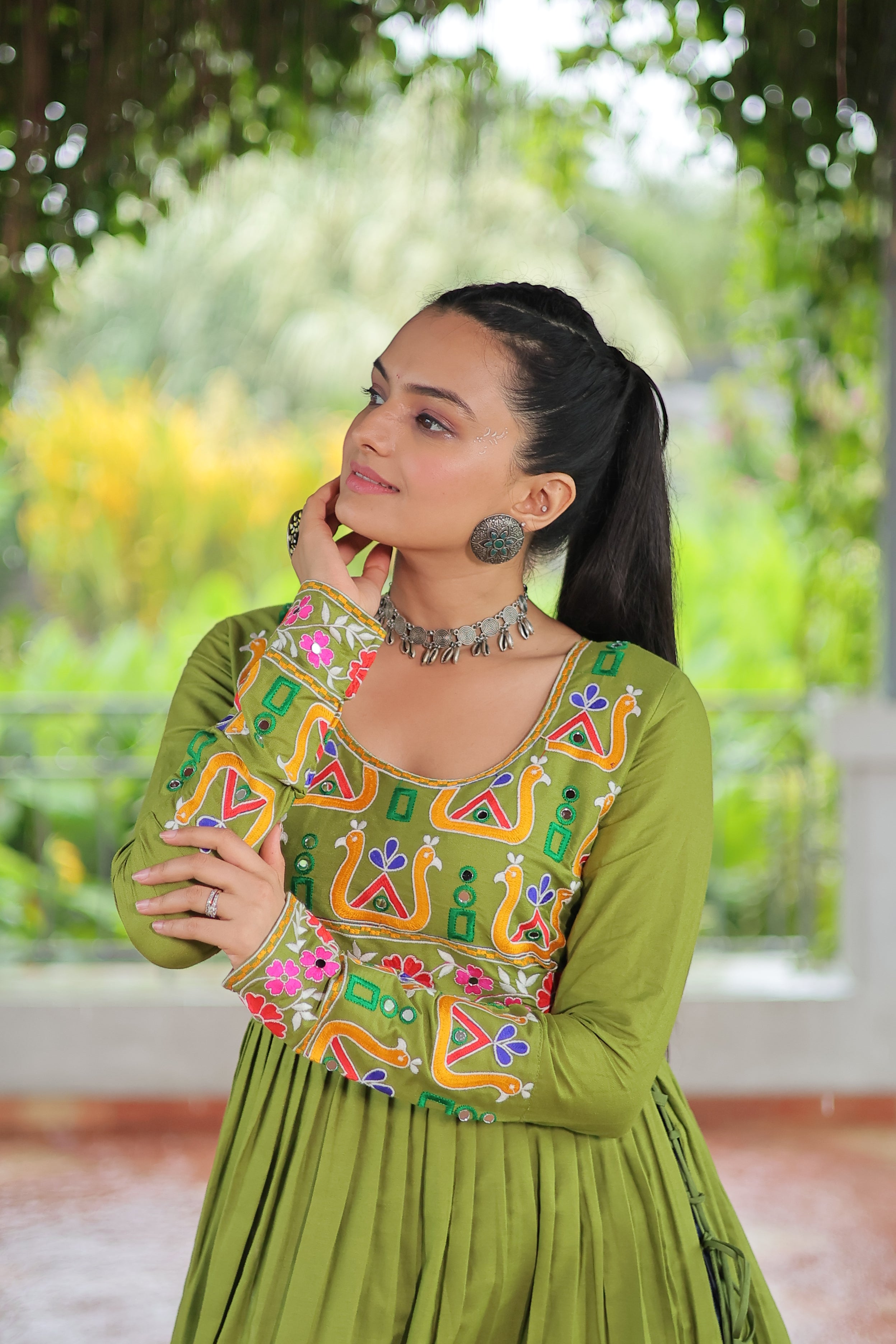 Kutchi Embroidered Anarkali Dress with Peacock & Floral Motifs