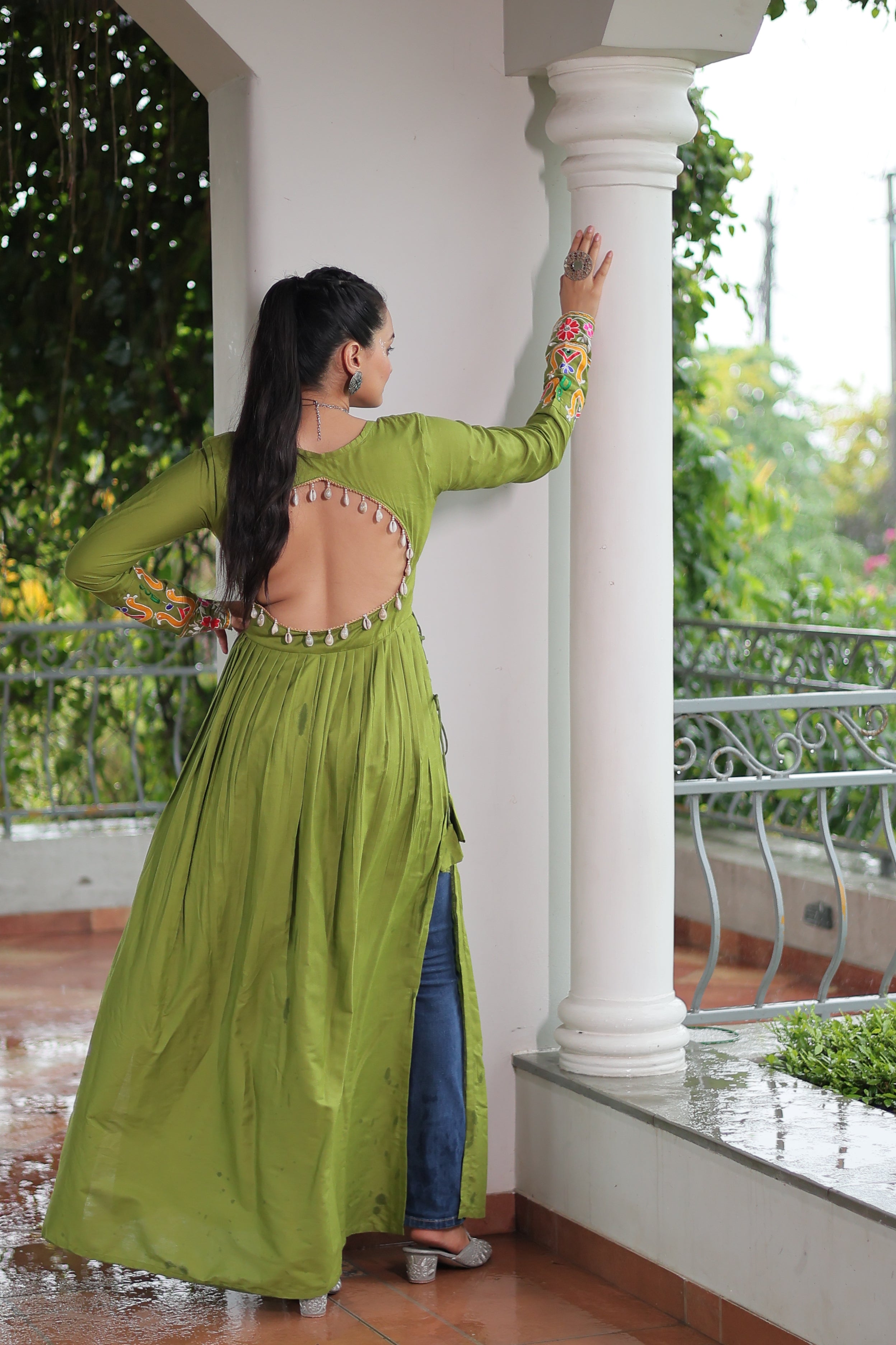Kutchi Embroidered Anarkali Dress with Peacock & Floral Motifs