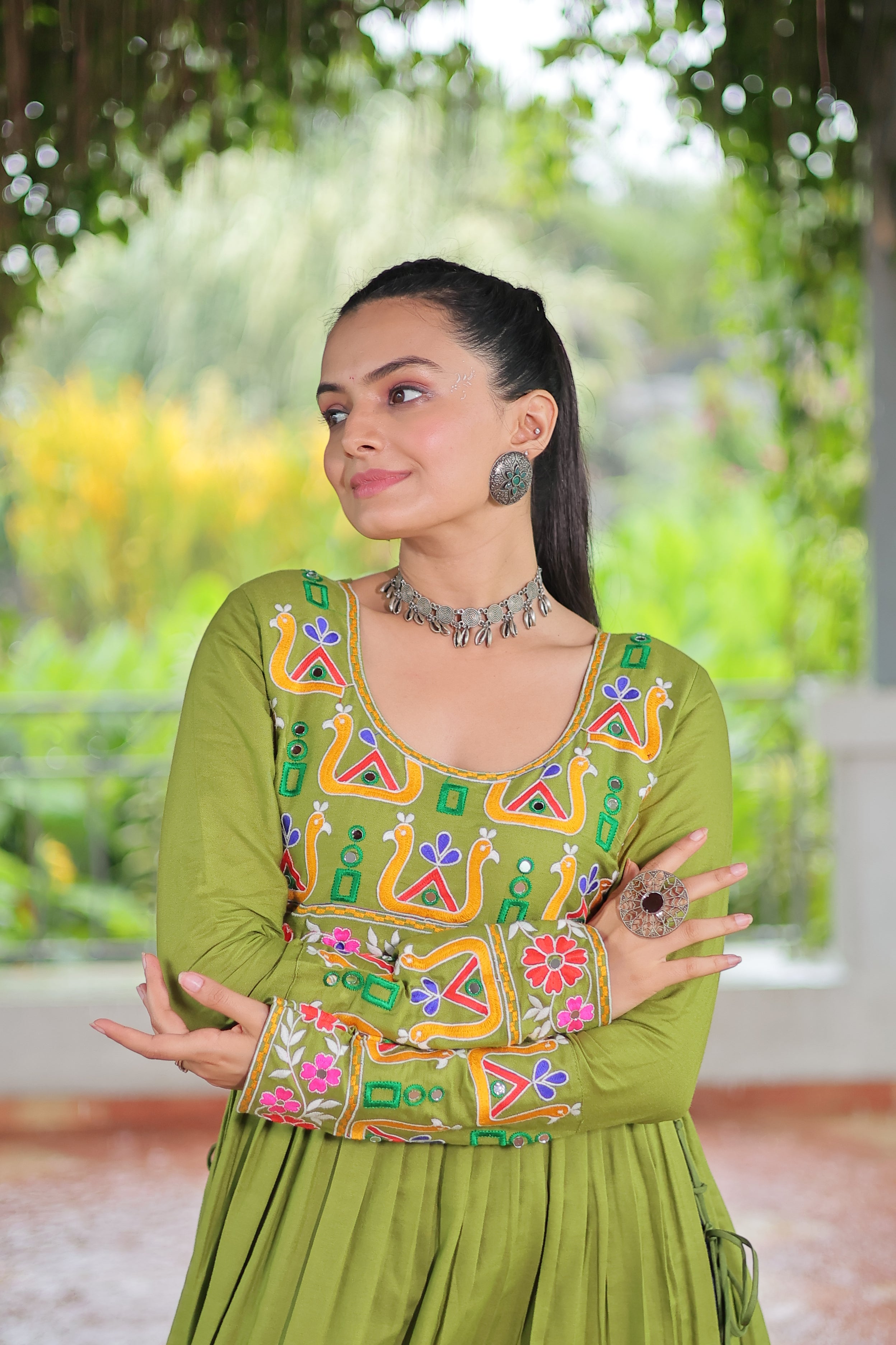 Kutchi Embroidered Anarkali Dress with Peacock & Floral Motifs