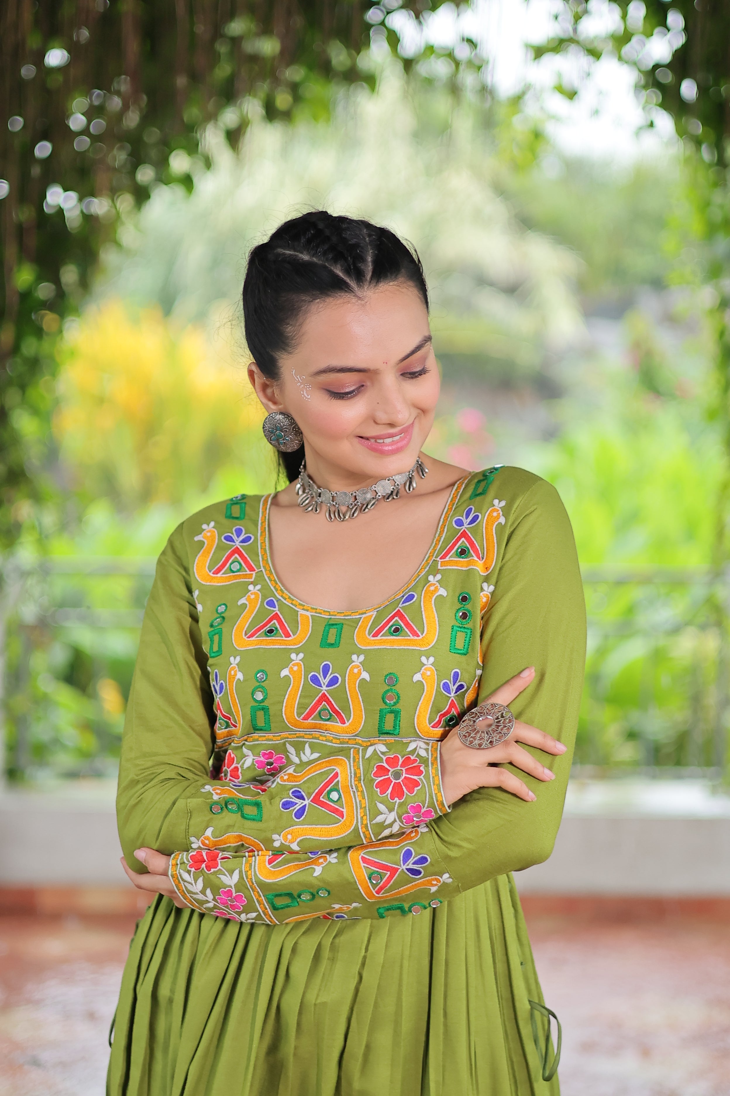 Kutchi Embroidered Anarkali Dress with Peacock & Floral Motifs