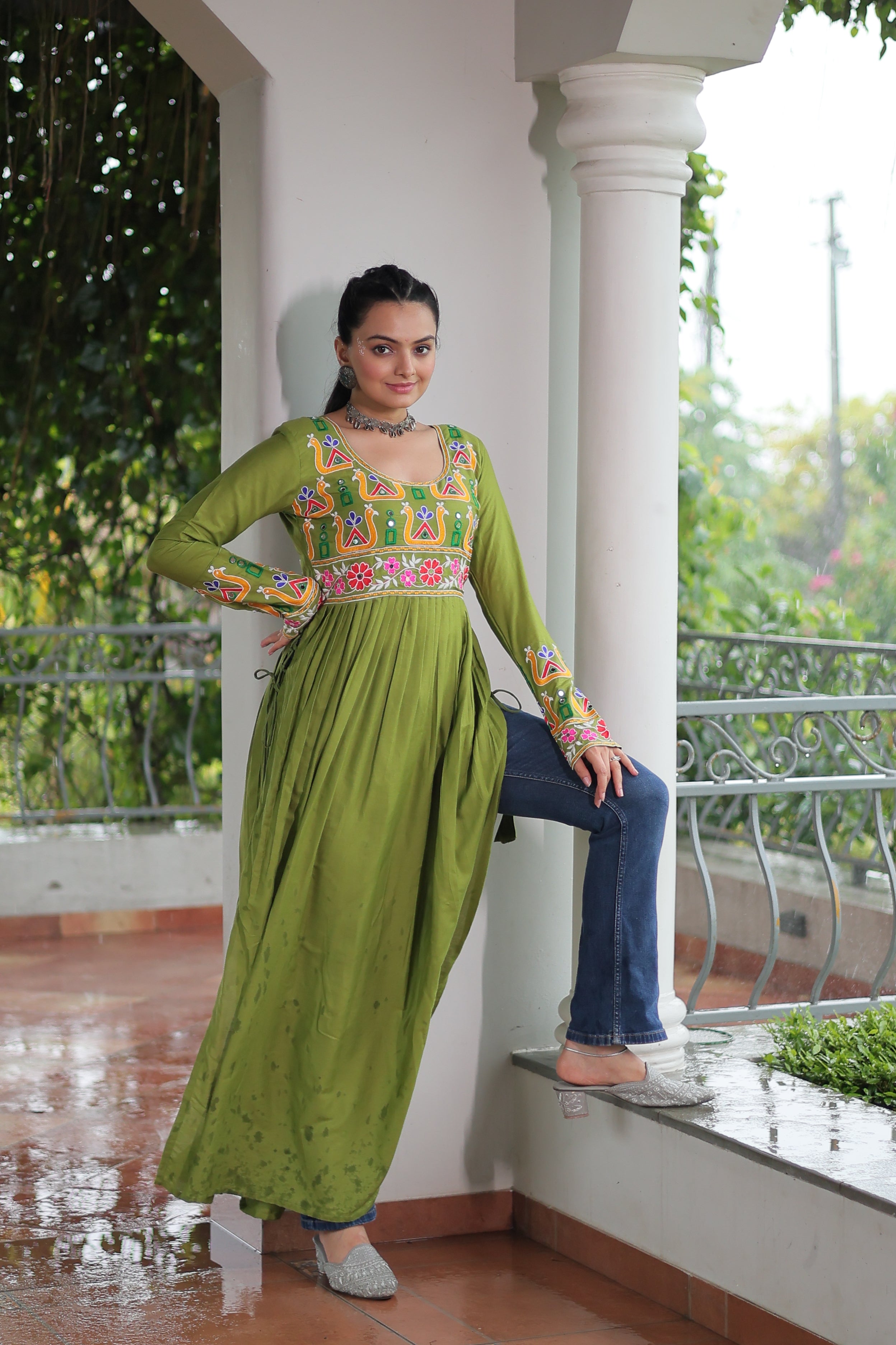 Kutchi Embroidered Anarkali Dress with Peacock & Floral Motifs
