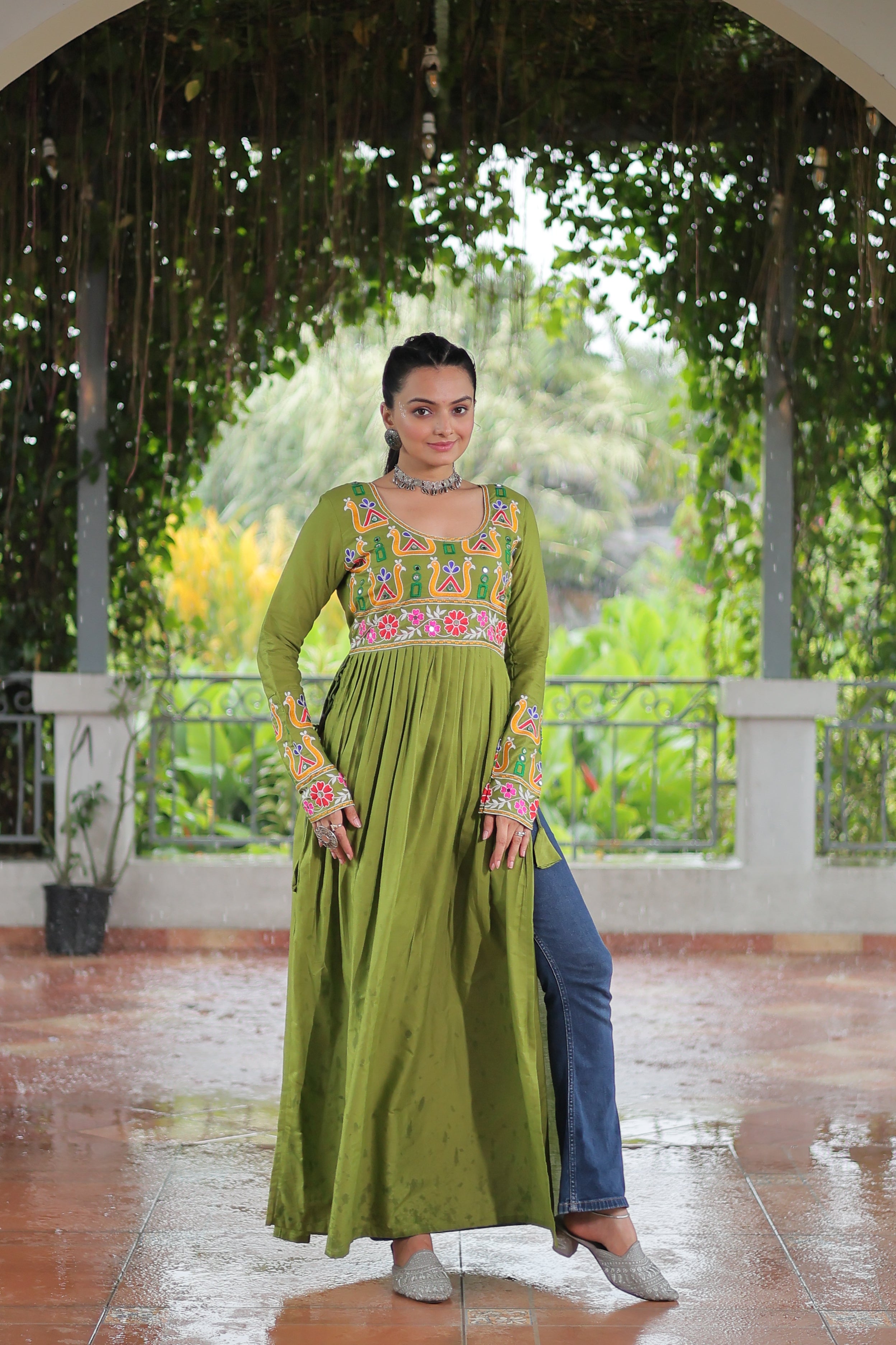 Kutchi Embroidered Anarkali Dress with Peacock & Floral Motifs