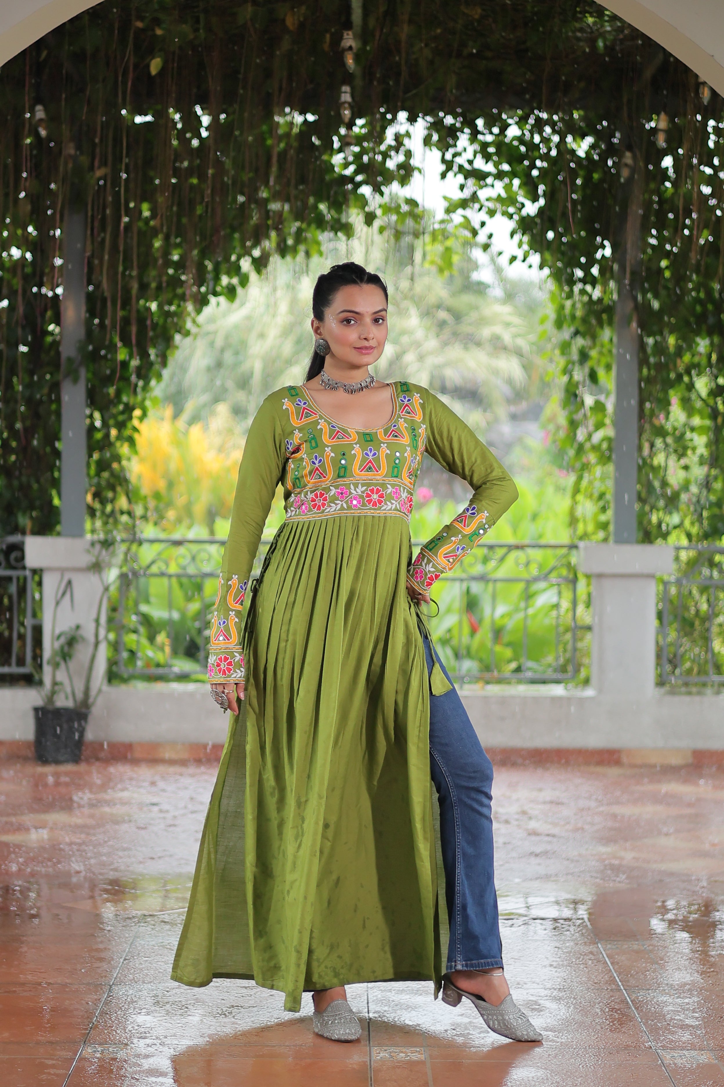 Kutchi Embroidered Anarkali Dress with Peacock & Floral Motifs