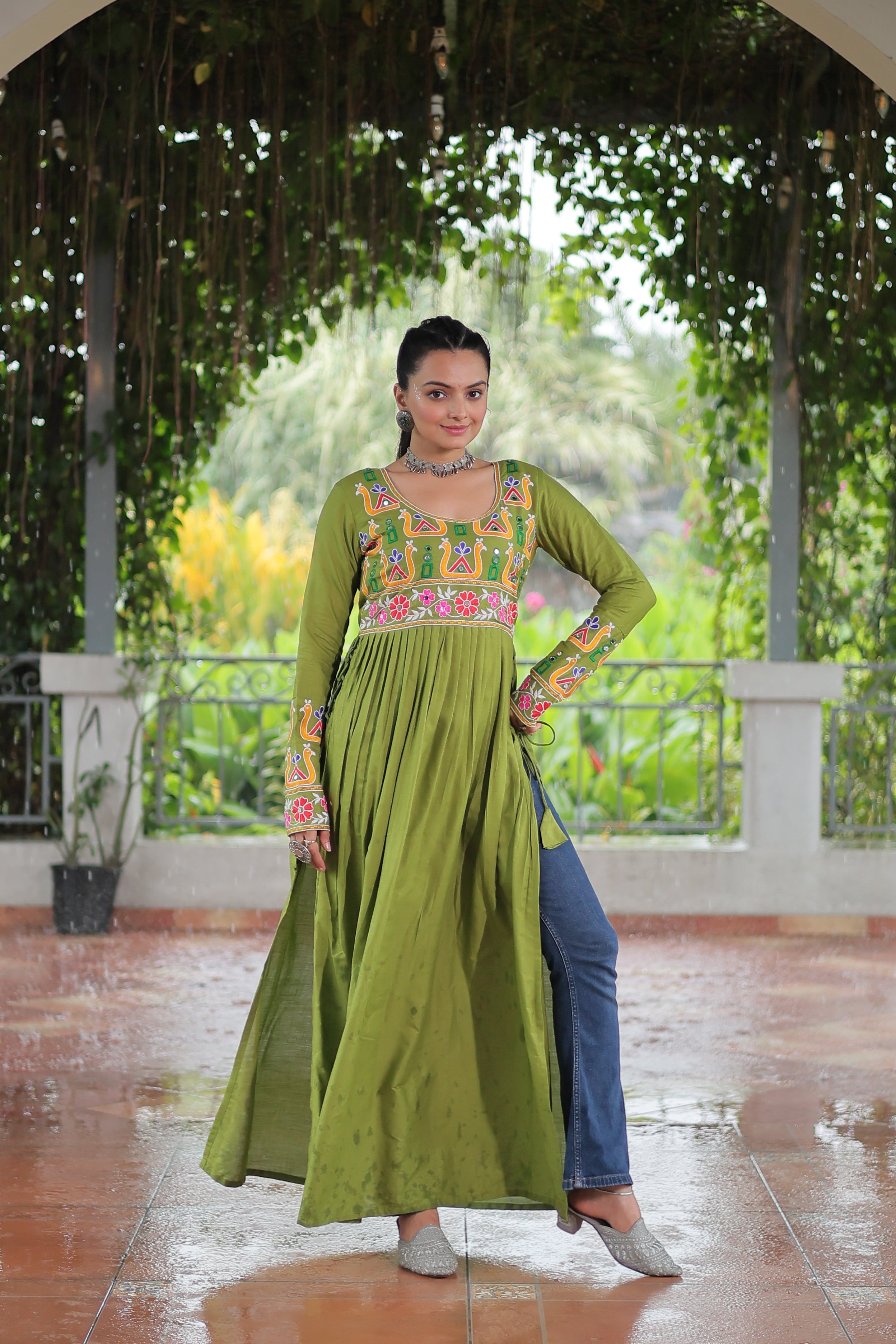 Kutchi Embroidered Anarkali Dress with Peacock & Floral Motifs