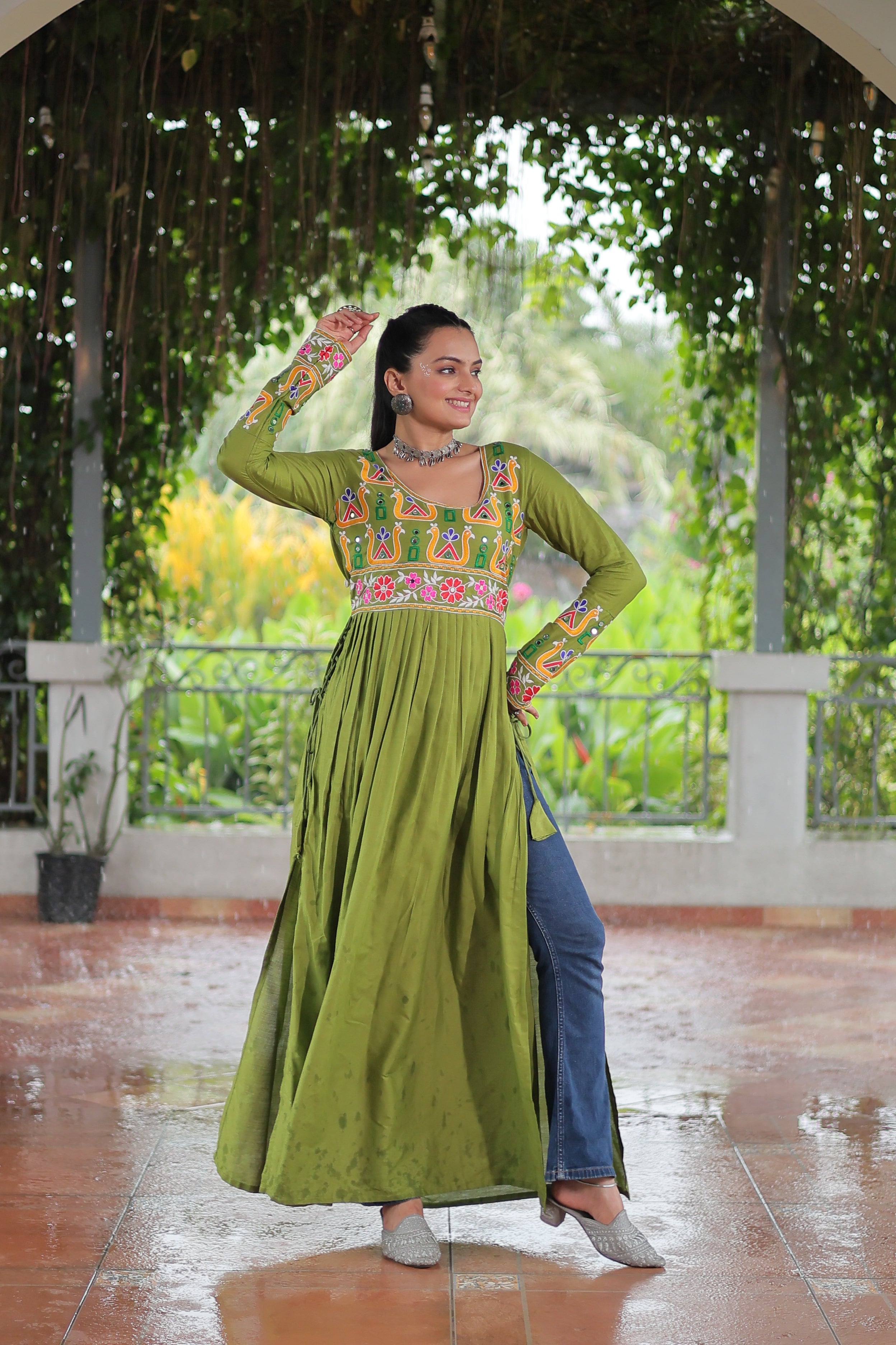 Kutchi Embroidered Anarkali Dress with Peacock & Floral Motifs