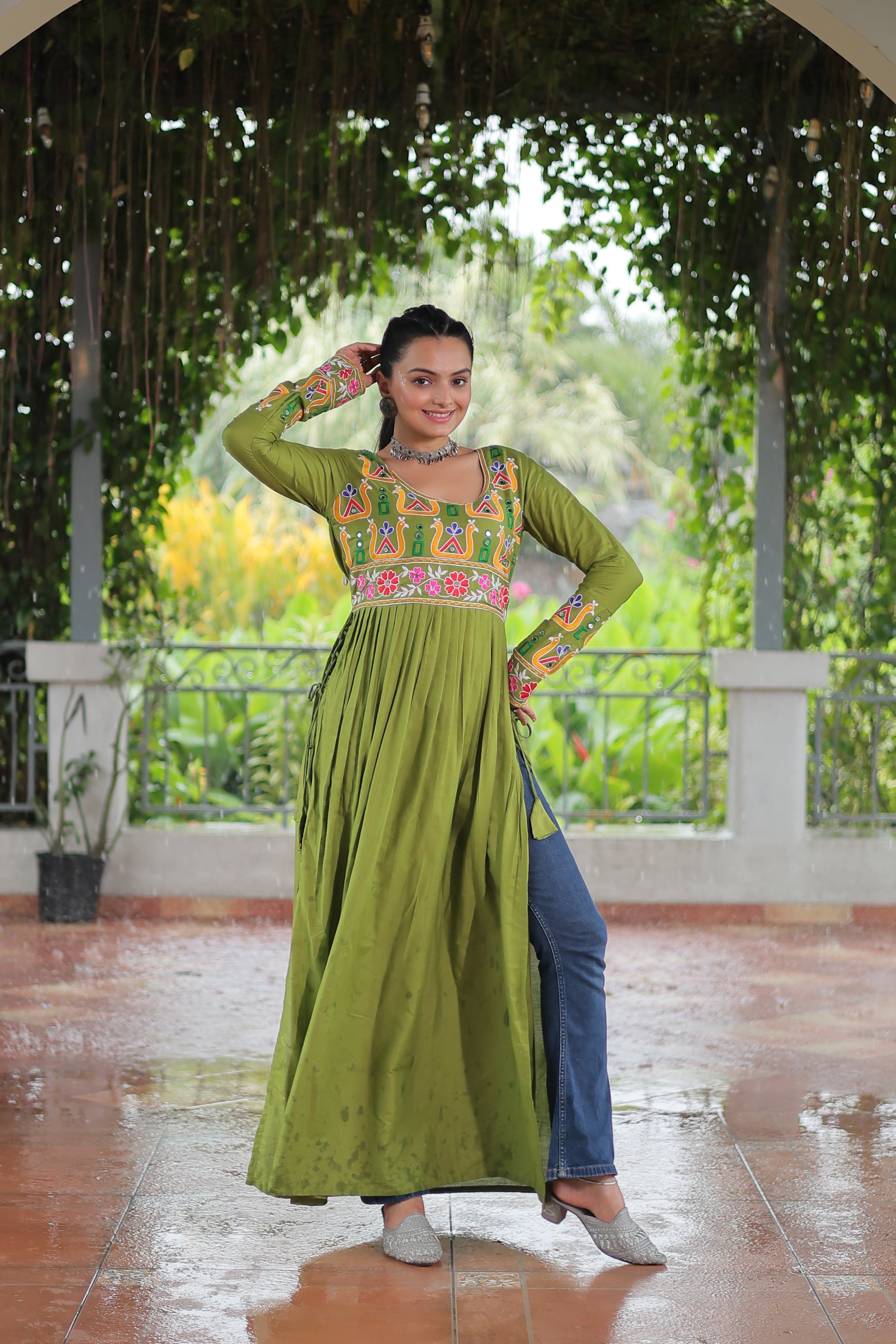 Kutchi Embroidered Anarkali Dress with Peacock & Floral Motifs