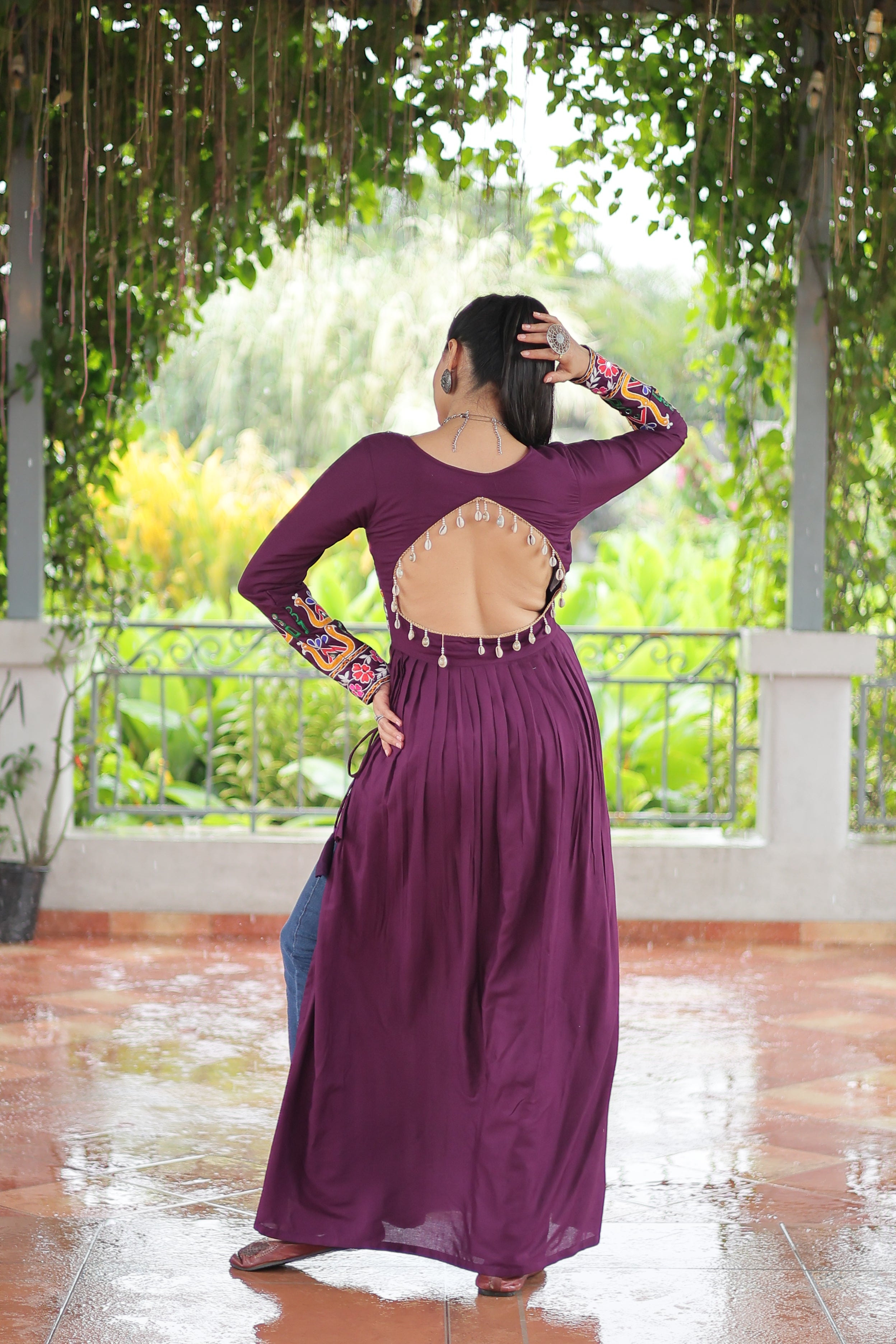 Kutchi Embroidered Anarkali Dress with Peacock & Floral Motifs