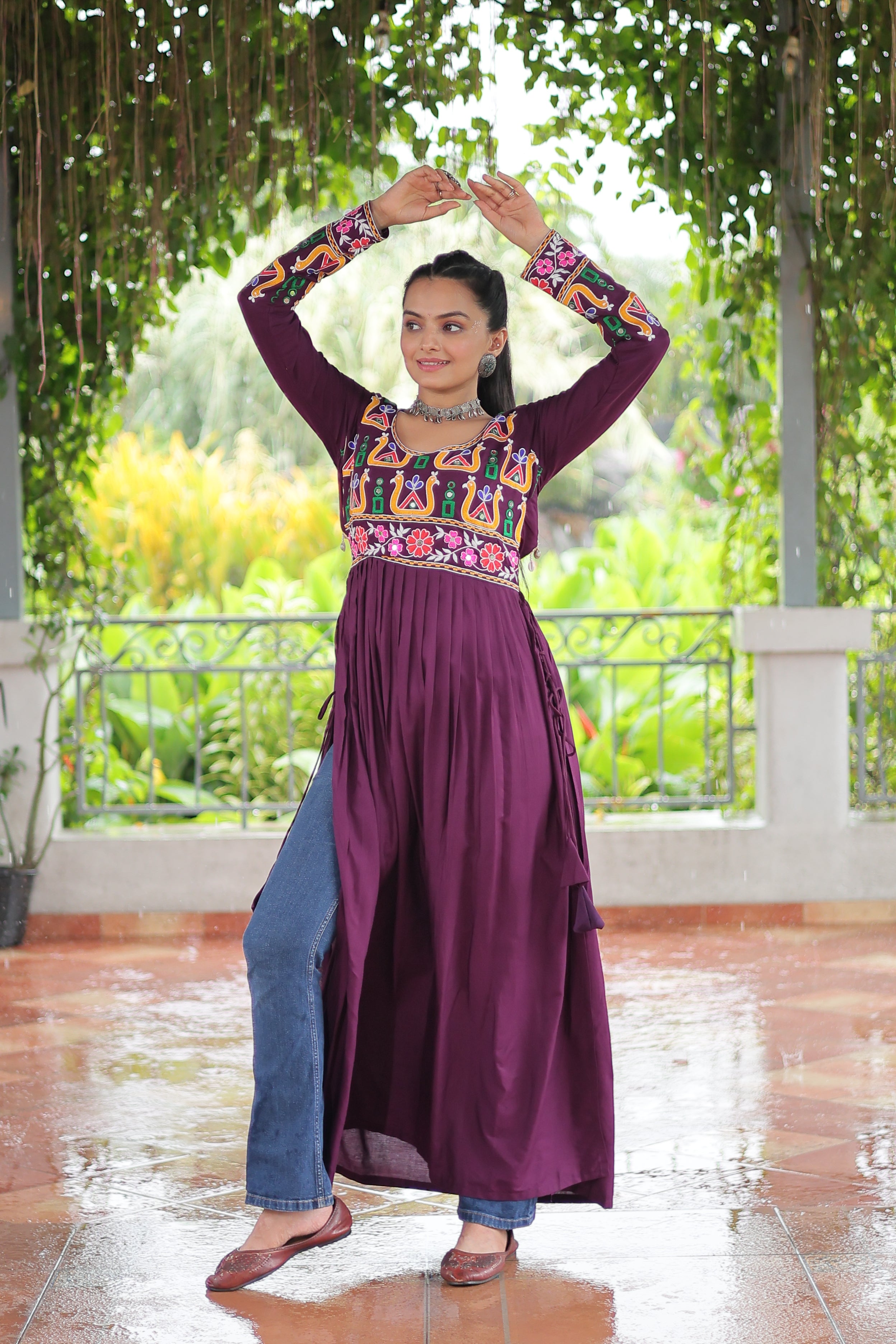 Kutchi Embroidered Anarkali Dress with Peacock & Floral Motifs
