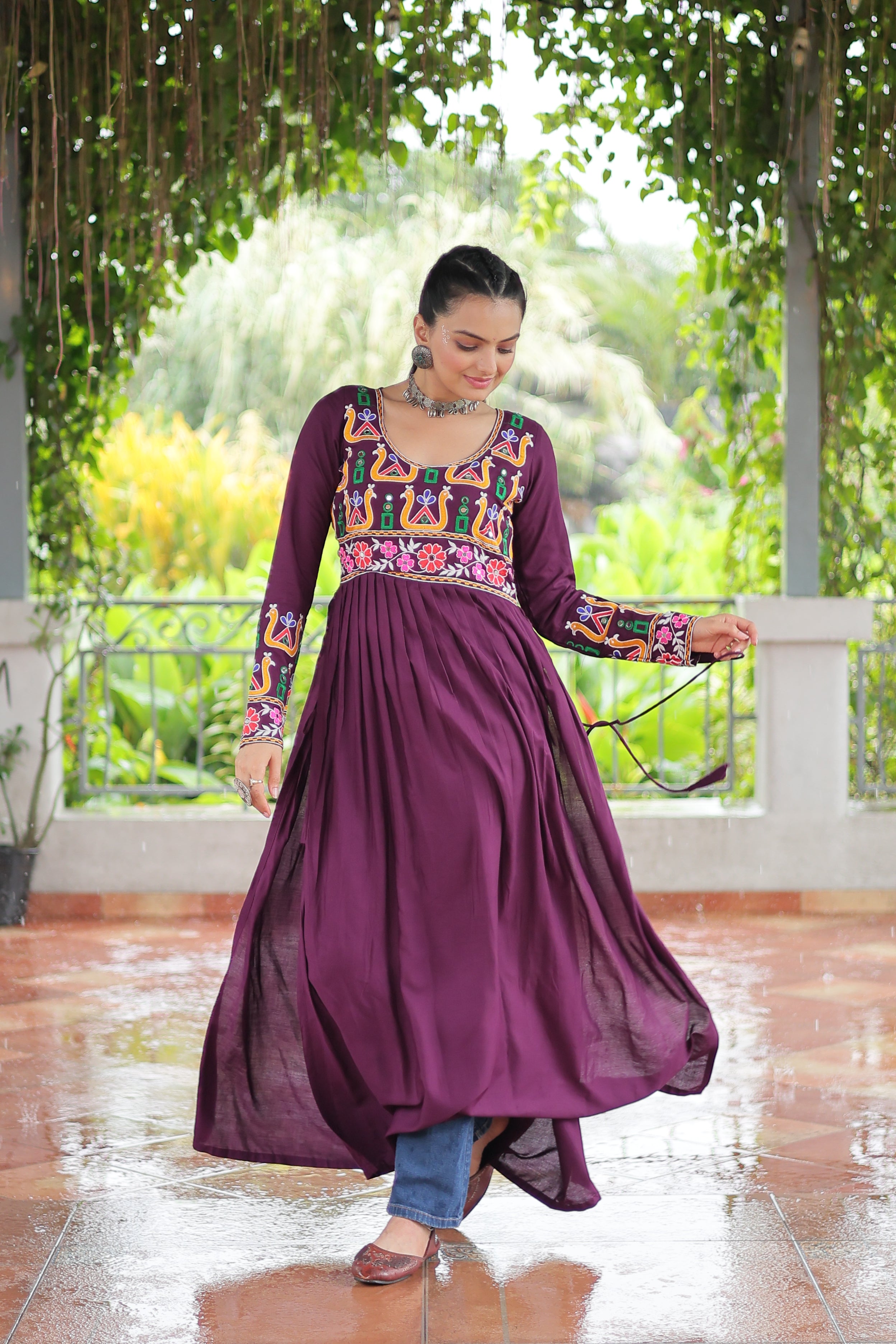 Kutchi Embroidered Anarkali Dress with Peacock & Floral Motifs