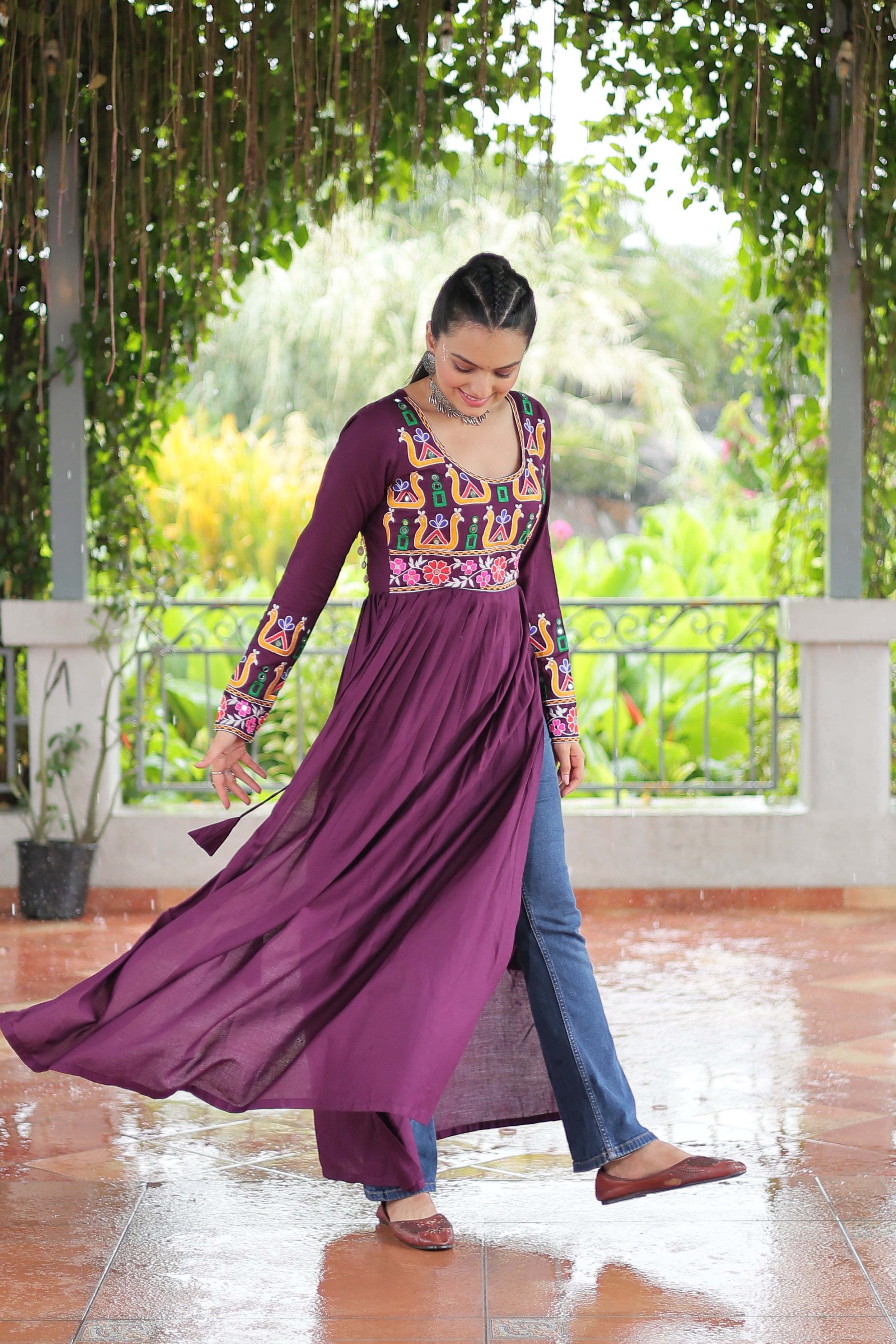 Kutchi Embroidered Anarkali Dress with Peacock & Floral Motifs