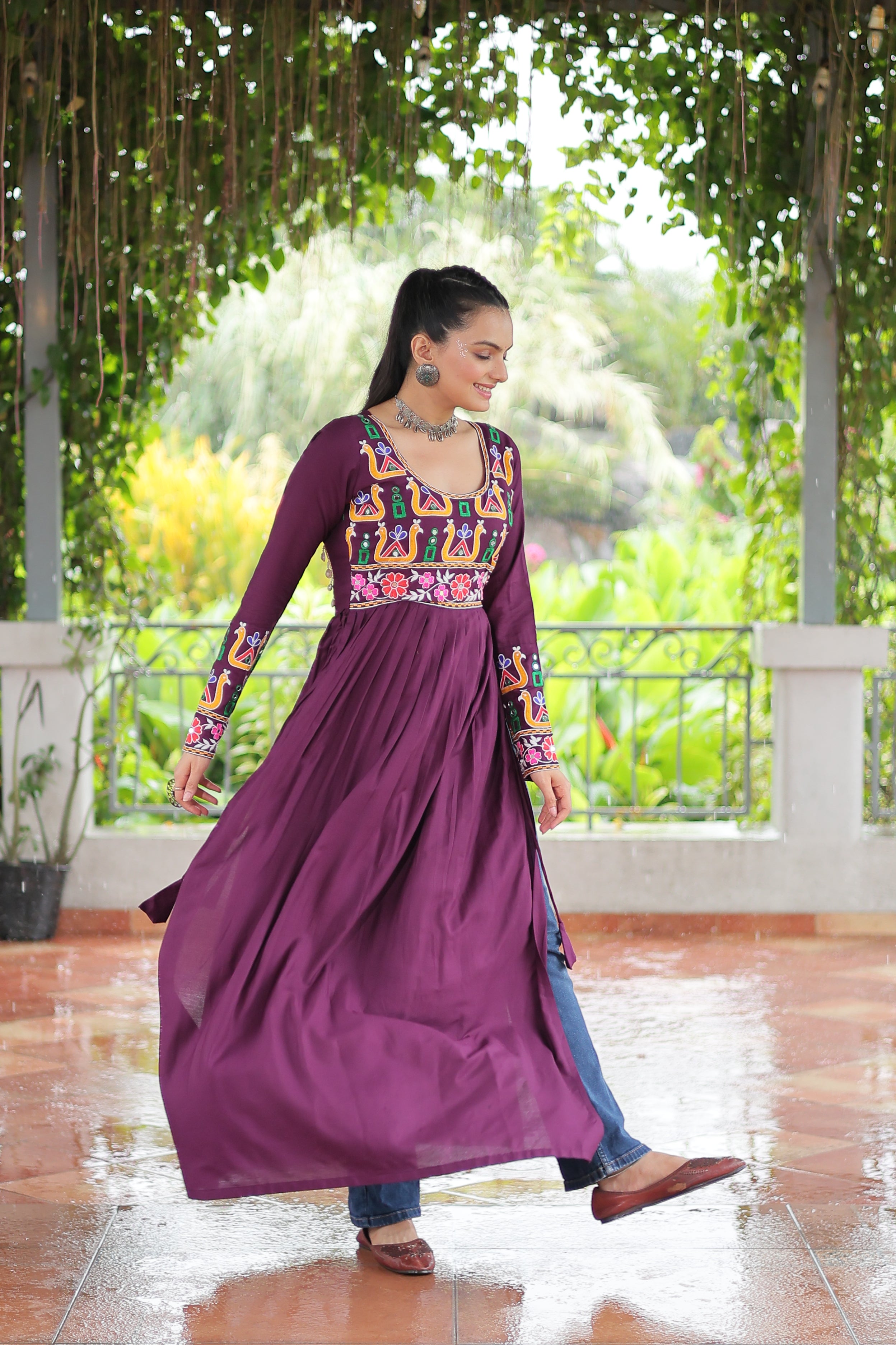Kutchi Embroidered Anarkali Dress with Peacock & Floral Motifs