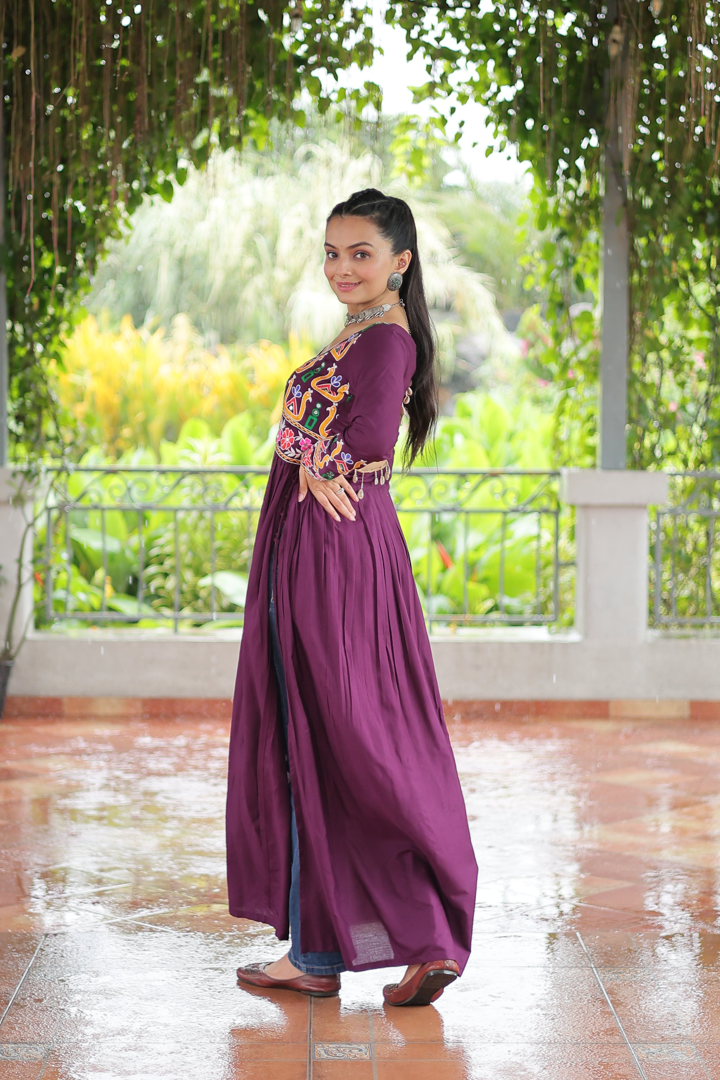 Kutchi Embroidered Anarkali Dress with Peacock & Floral Motifs