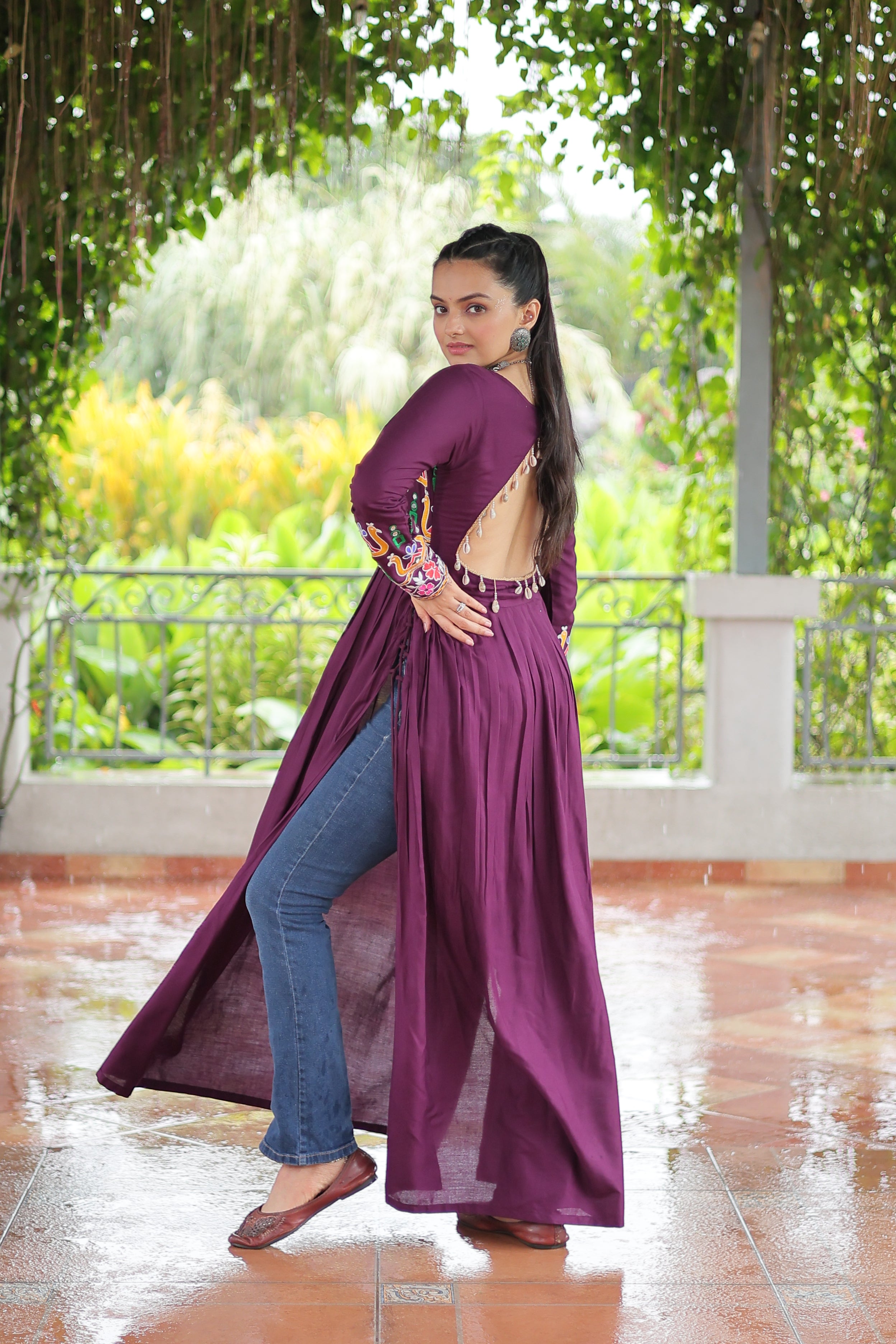 Kutchi Embroidered Anarkali Dress with Peacock & Floral Motifs