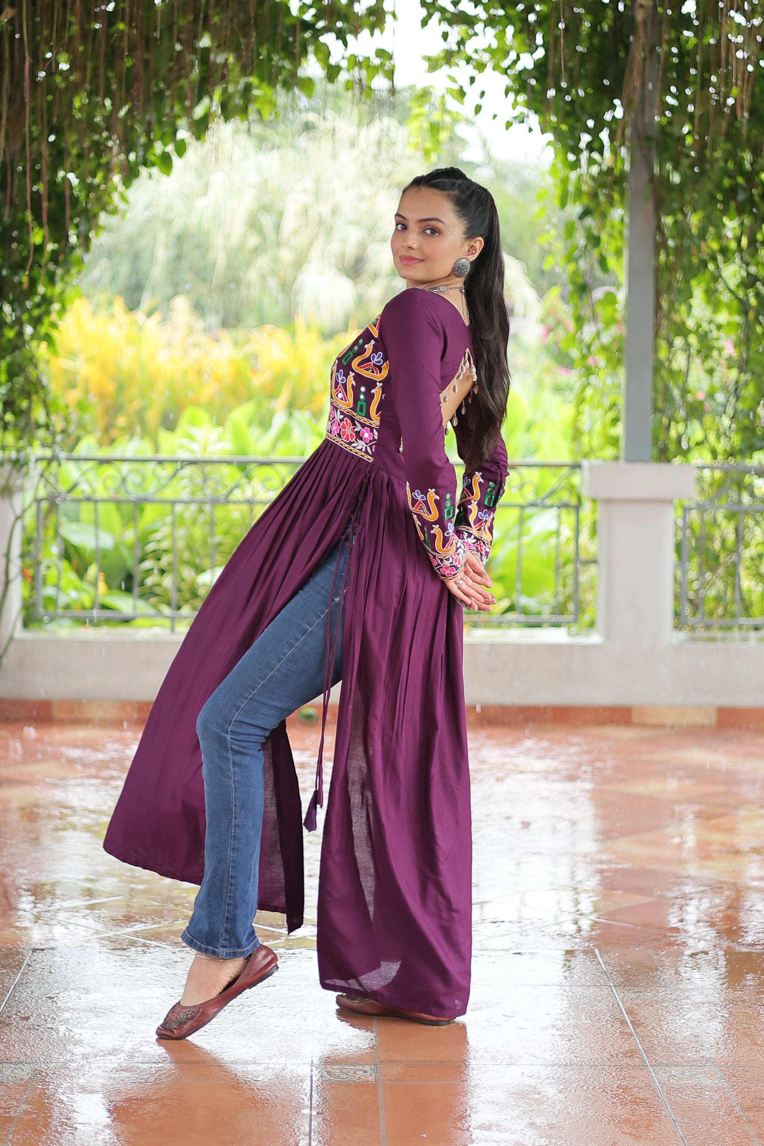 Kutchi Embroidered Anarkali Dress with Peacock & Floral Motifs