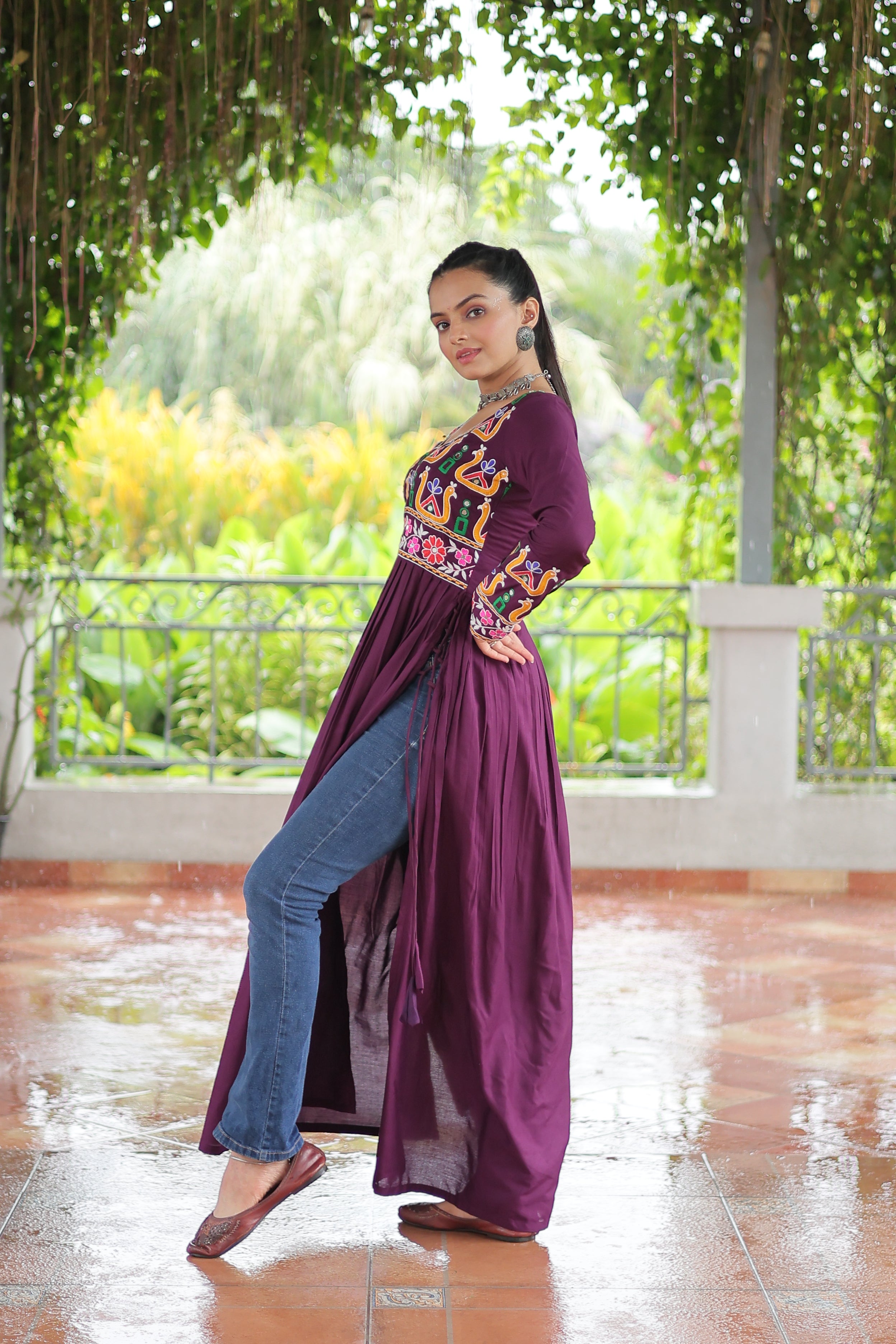 Kutchi Embroidered Anarkali Dress with Peacock & Floral Motifs