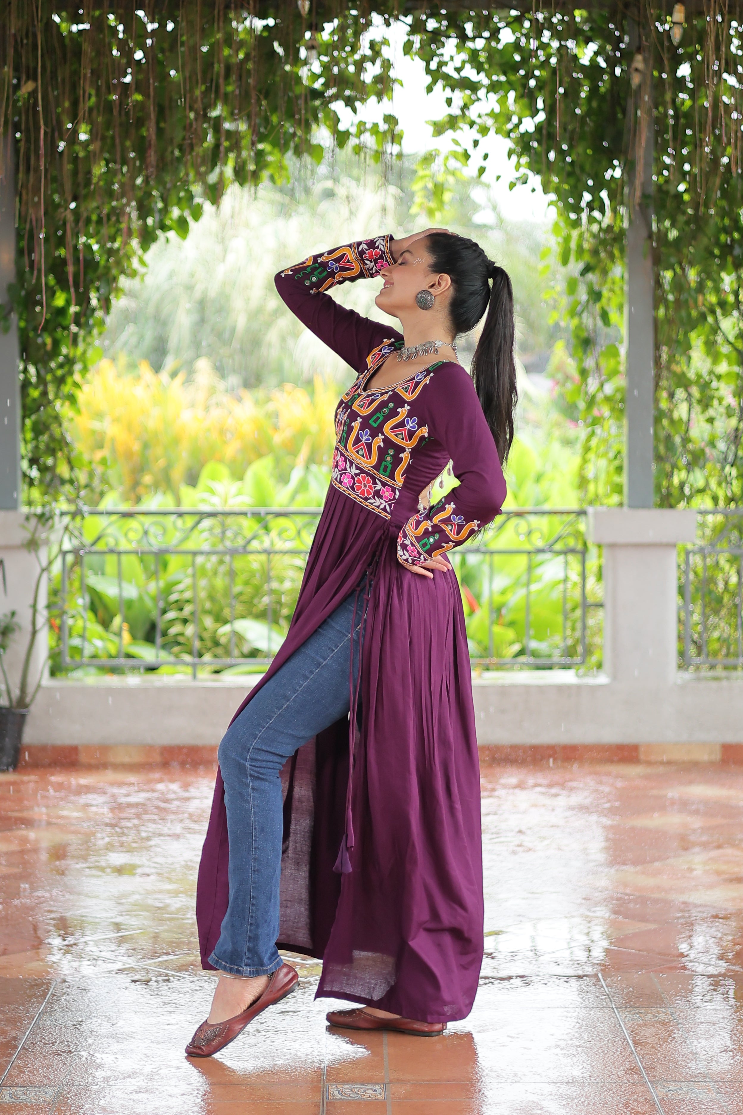 Kutchi Embroidered Anarkali Dress with Peacock & Floral Motifs
