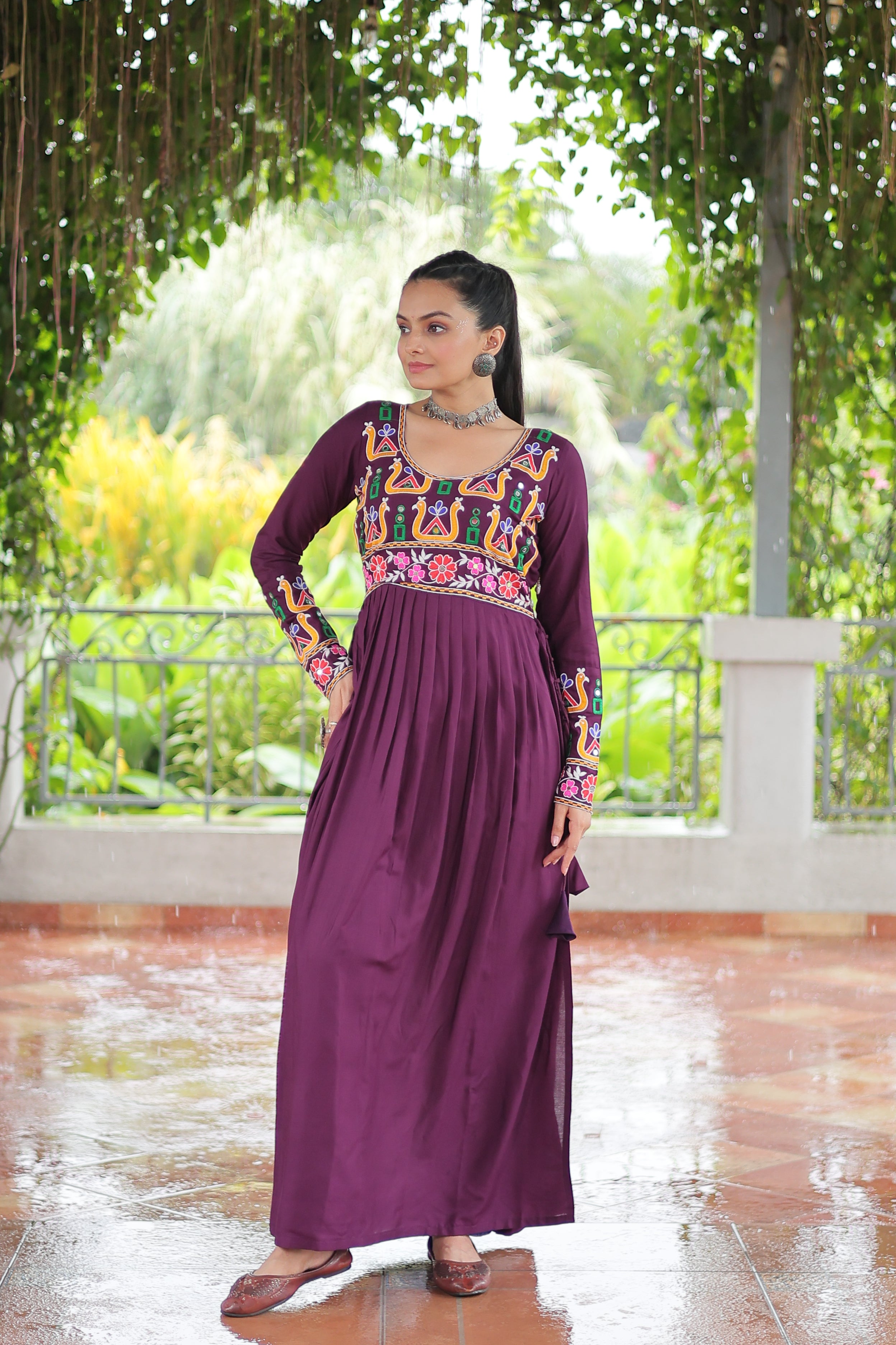 Kutchi Embroidered Anarkali Dress with Peacock & Floral Motifs
