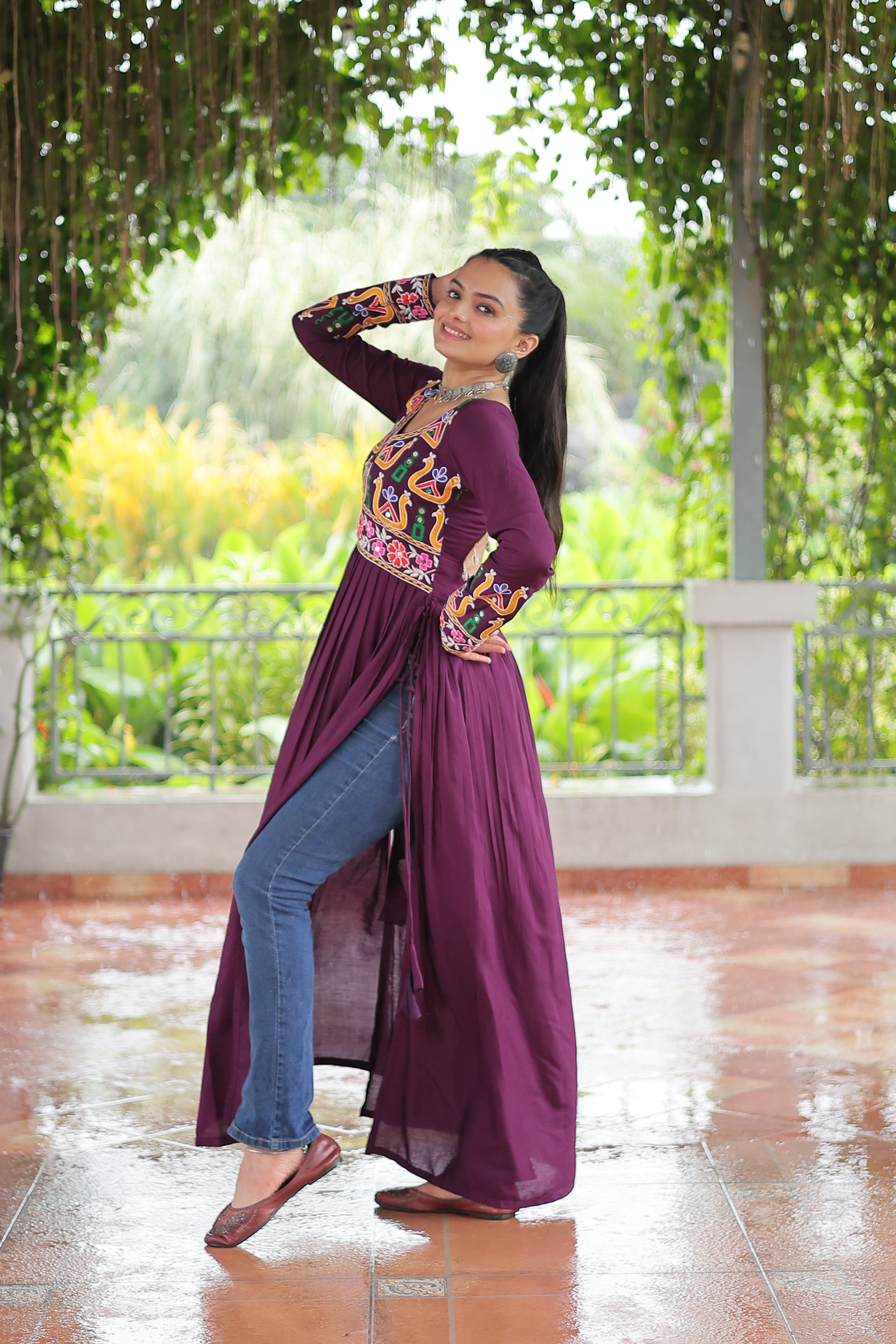 Kutchi Embroidered Anarkali Dress with Peacock & Floral Motifs