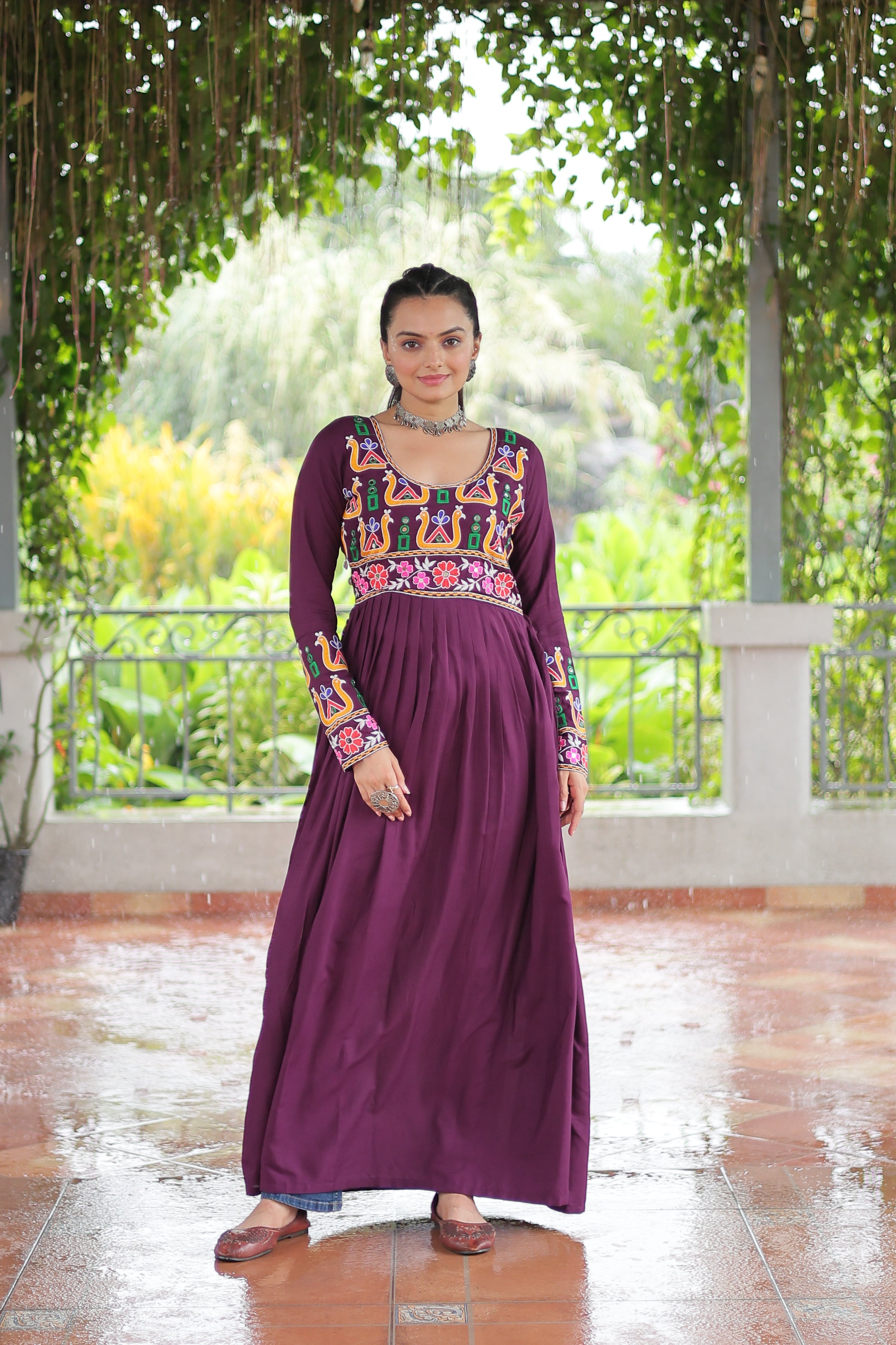 Kutchi Embroidered Anarkali Dress with Peacock & Floral Motifs
