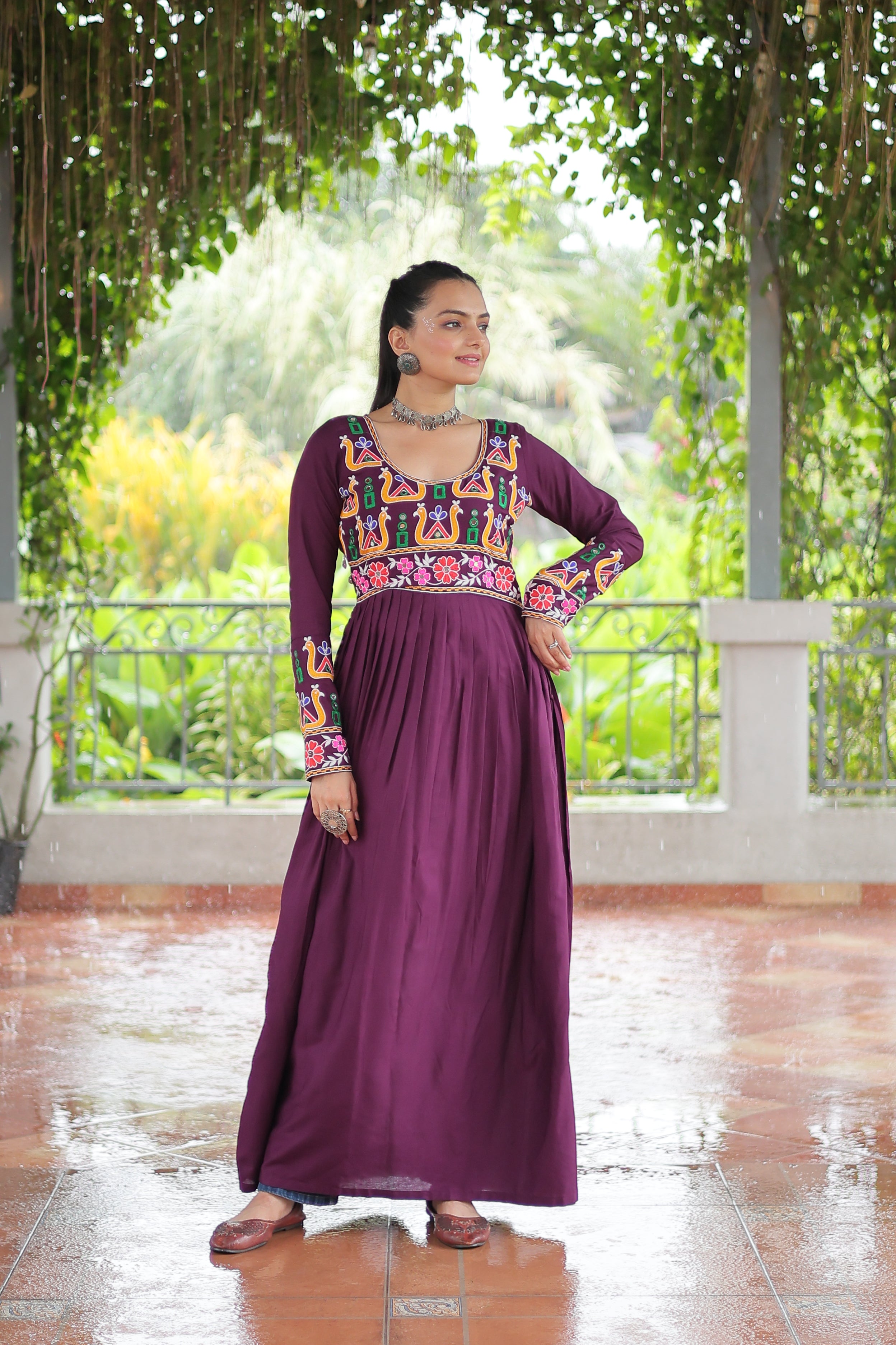 Kutchi Embroidered Anarkali Dress with Peacock & Floral Motifs