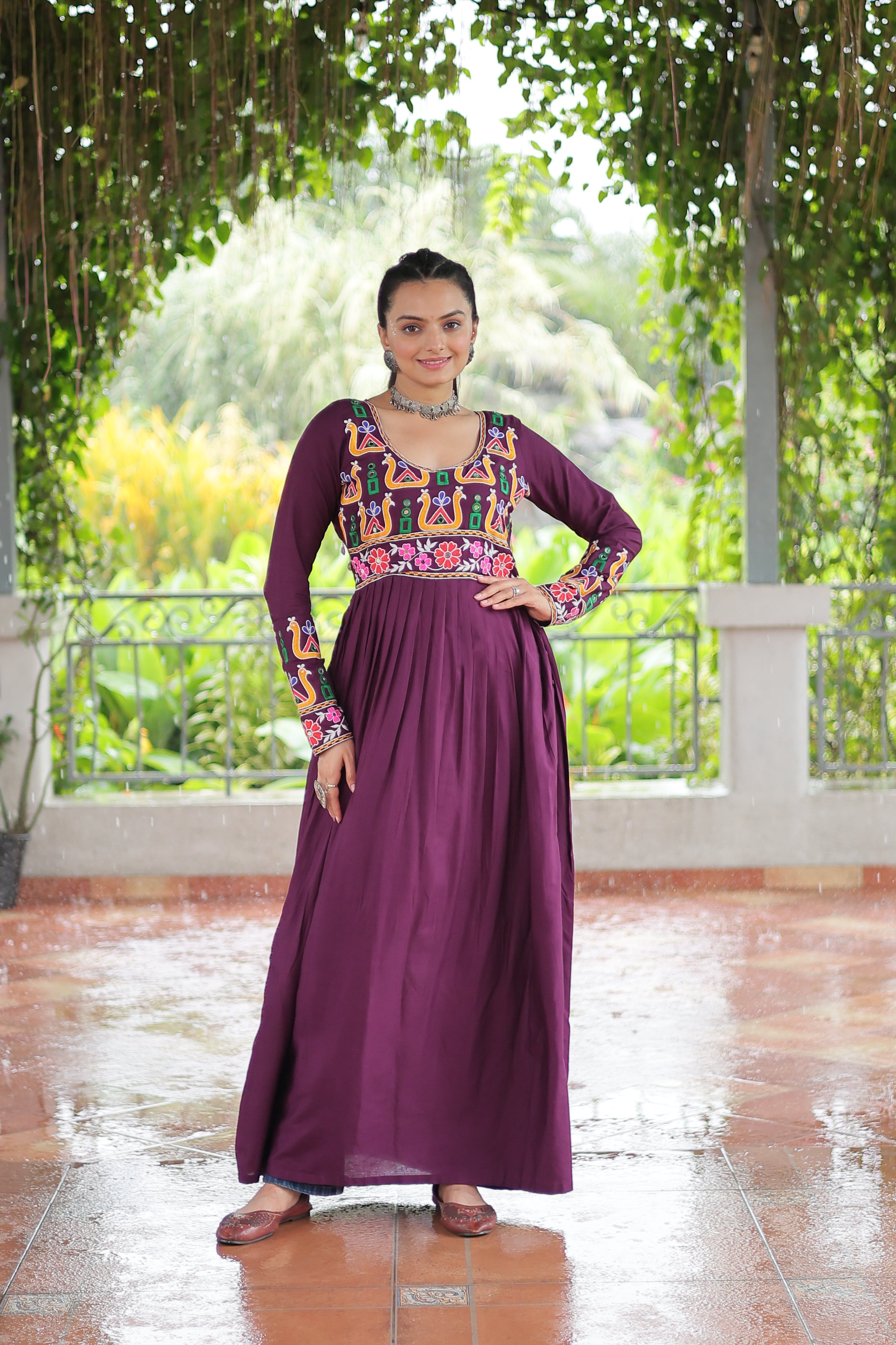 Kutchi Embroidered Anarkali Dress with Peacock & Floral Motifs